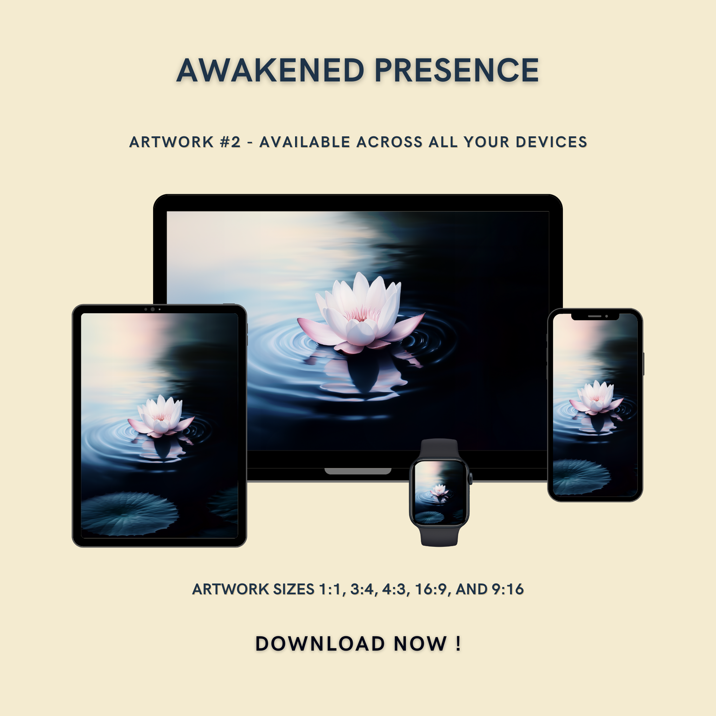 Awakened Presence Artwork #2 displayed on multiple devices including tablet, laptop, smartphone, and smartwatch, available in five sizes.