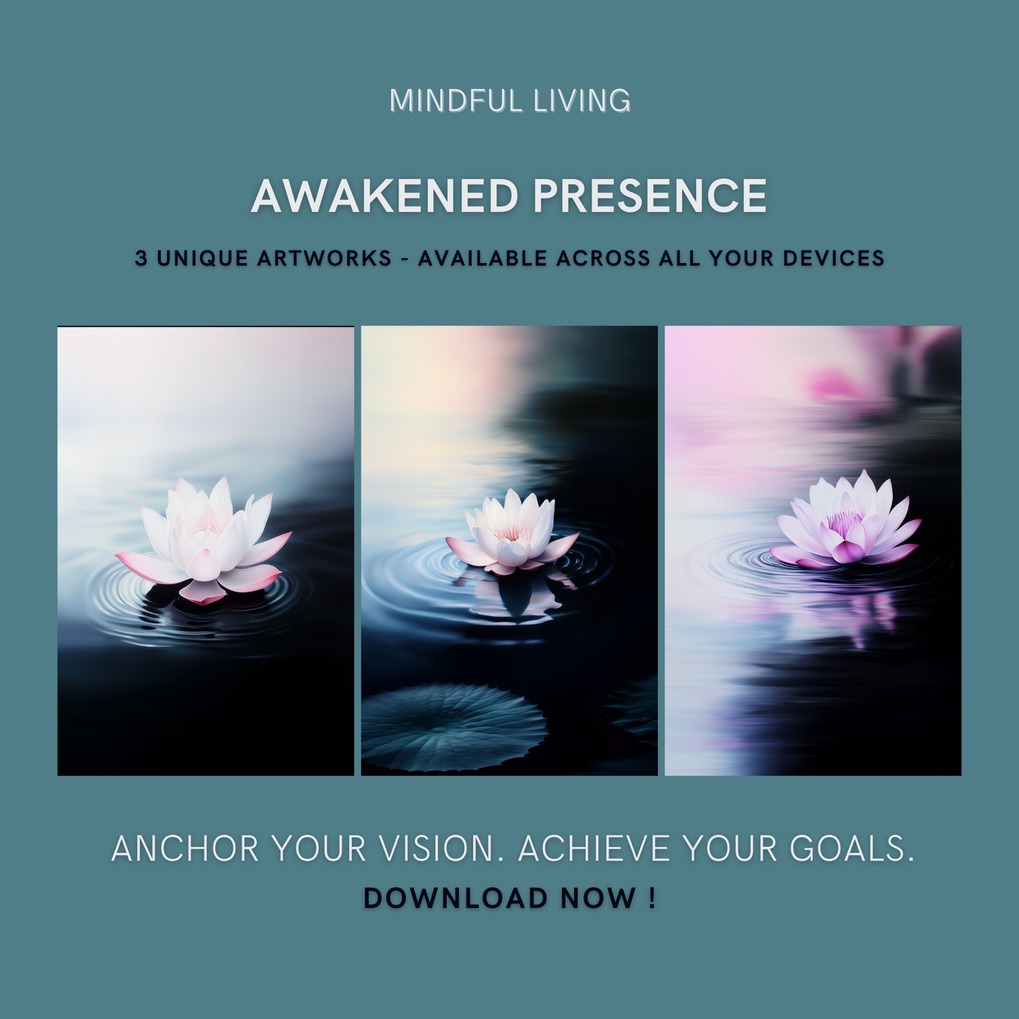 Awakened Presence Bundle cover image showing three unique lotus-themed artworks for mindfulness and personal growth.