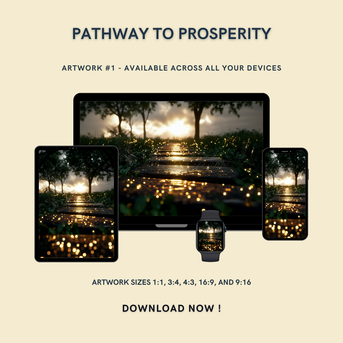 Pathway to Prosperity Artwork #2 displayed on multiple devices including tablet, laptop, smartphone, and smartwatch, available in five sizes.