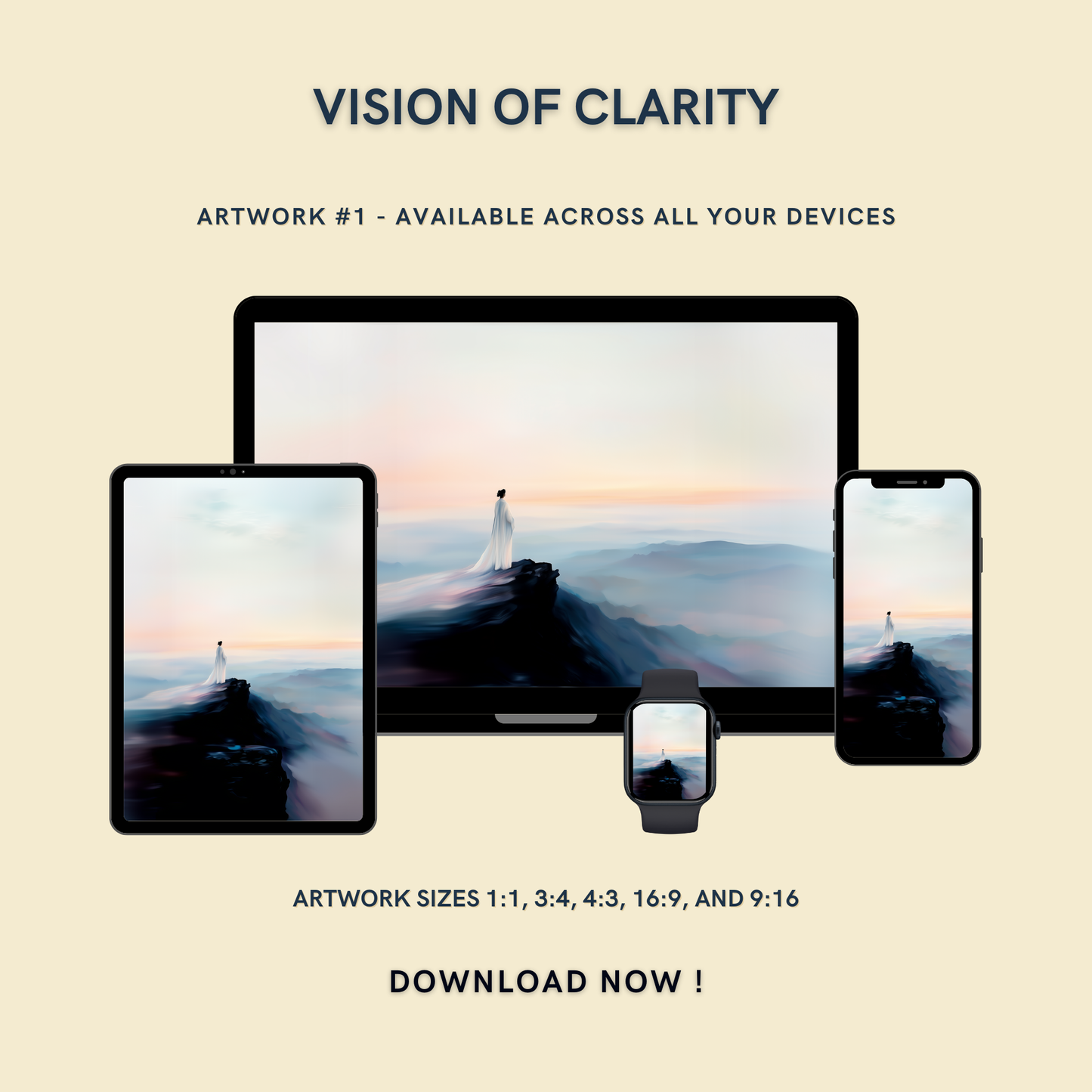 Vision of Clarity Artwork #1 displayed on multiple devices including tablet, laptop, smartphone, and smartwatch, available in five sizes.