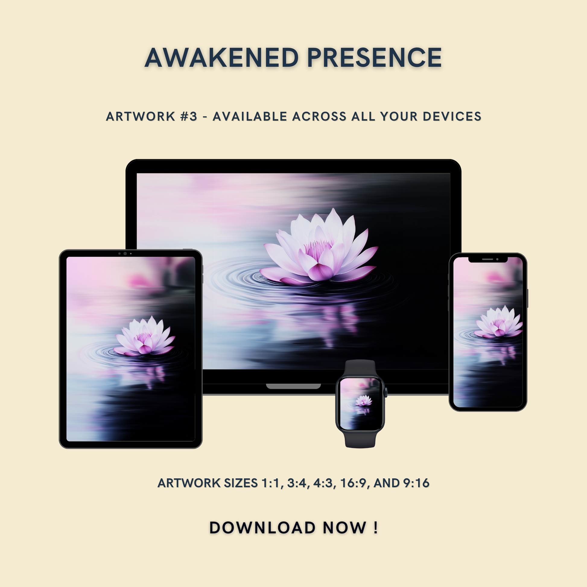 Awakened Presence Artwork #3 displayed on multiple devices including tablet, laptop, smartphone, and smartwatch, available in five sizes.