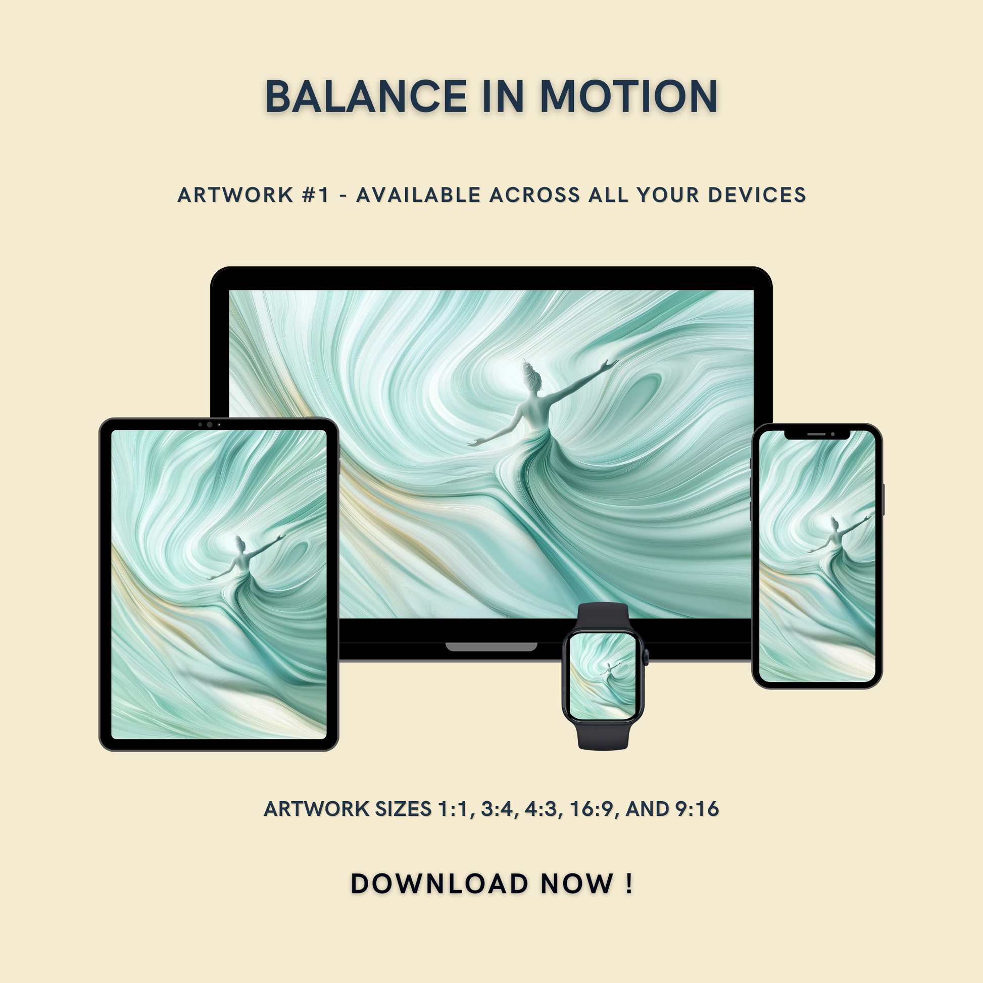 Balance in Motion Artwork #1 displayed on multiple devices including tablet, laptop, smartphone, and smartwatch, available in five sizes.