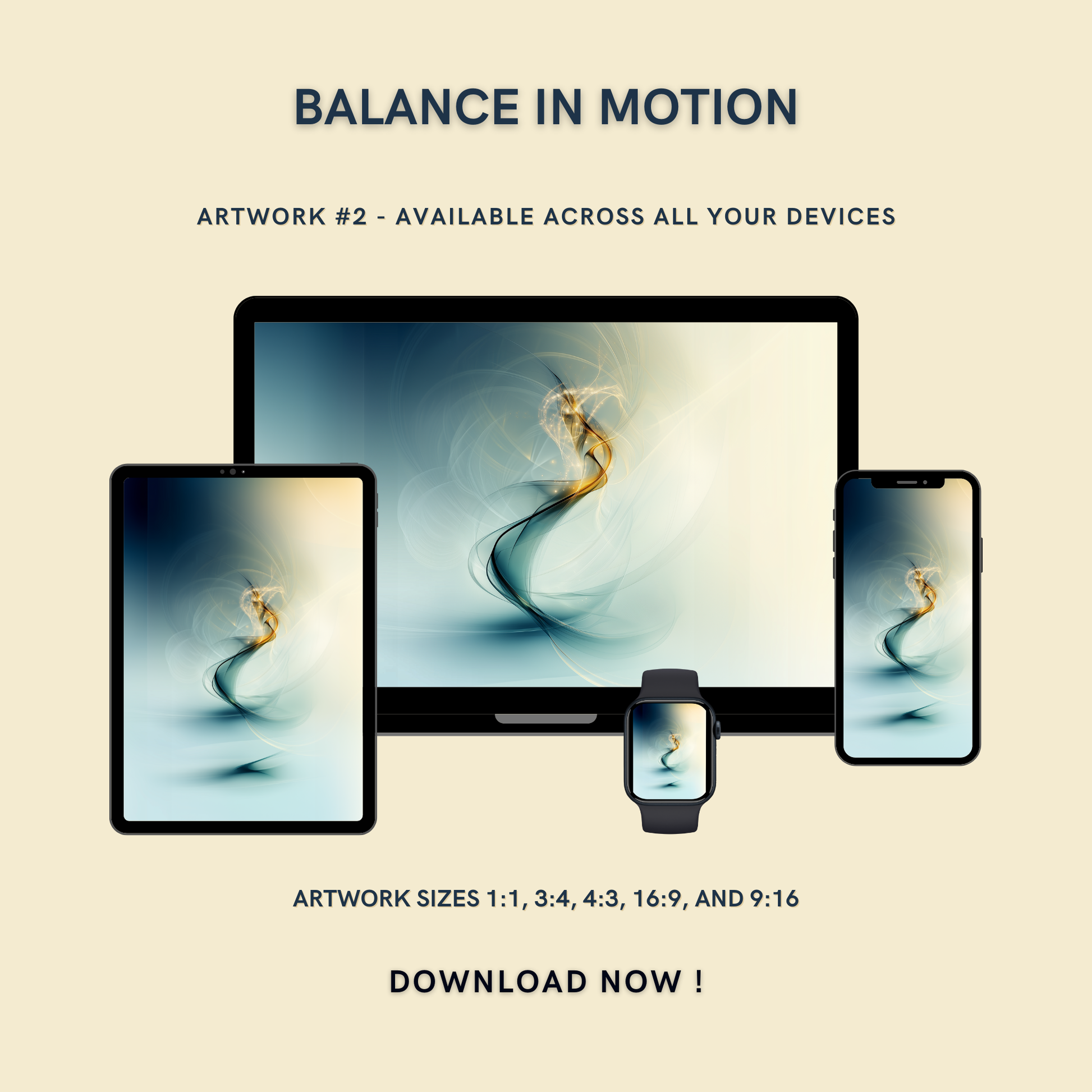 Balance in Motion Artwork #2 displayed on multiple devices including tablet, laptop, smartphone, and smartwatch, available in five sizes.