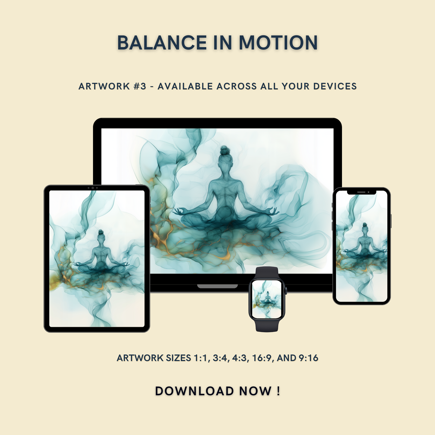 Balance in Motion Artwork #3 displayed on multiple devices including tablet, laptop, smartphone, and smartwatch, available in five sizes.