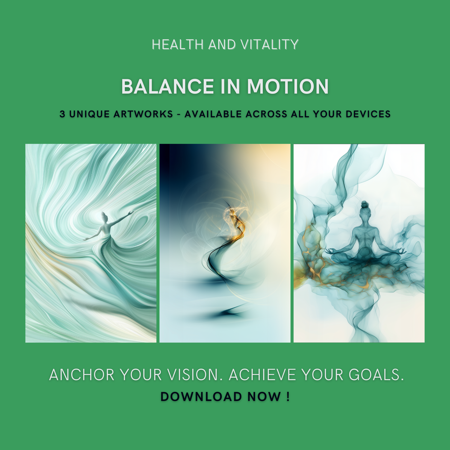 Balance in Motion Bundle cover image showing three unique flowing and meditative artworks representing health and vitality.