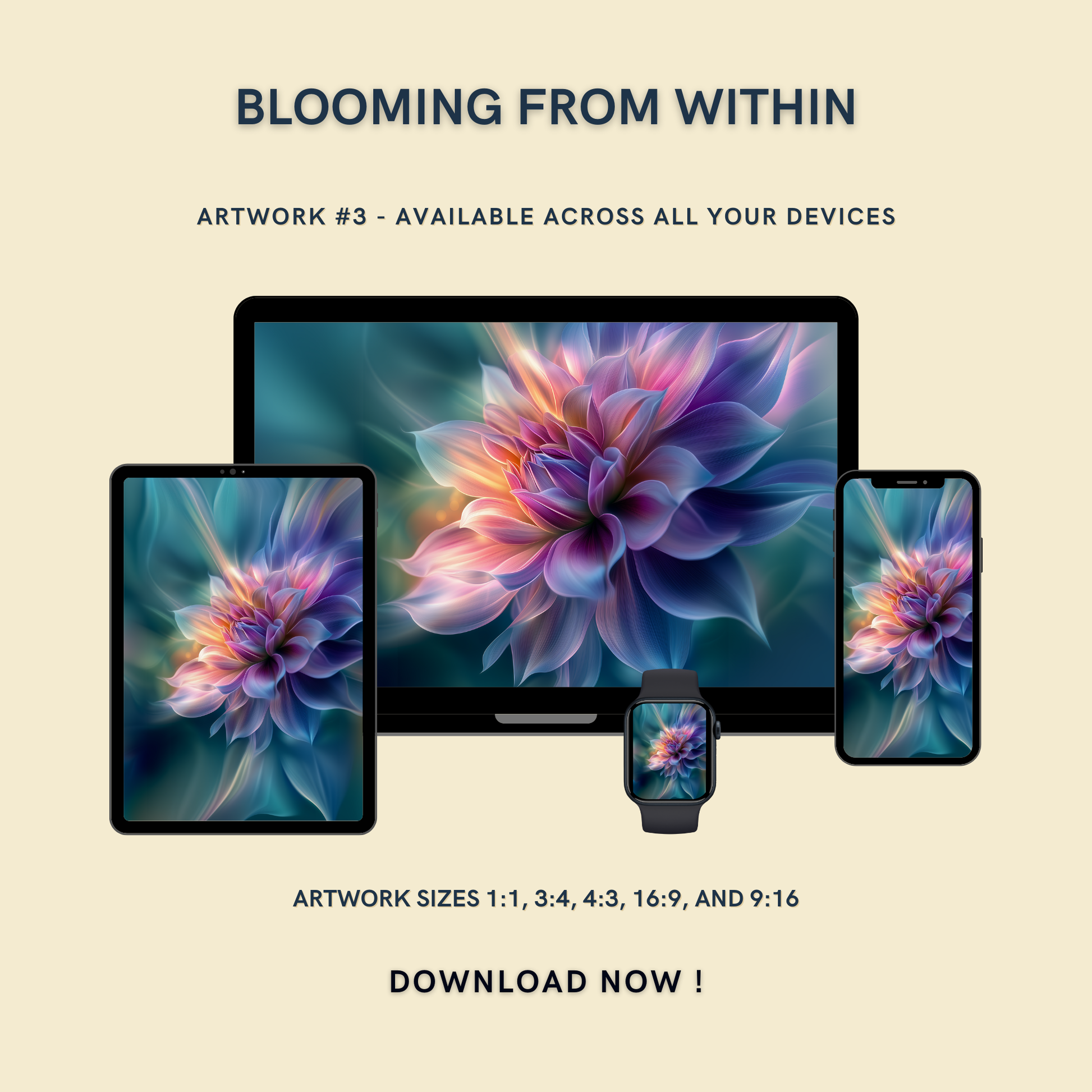 Blooming from Within Artwork #3 displayed on multiple devices including tablet, laptop, smartphone, and smartwatch, available in five sizes.