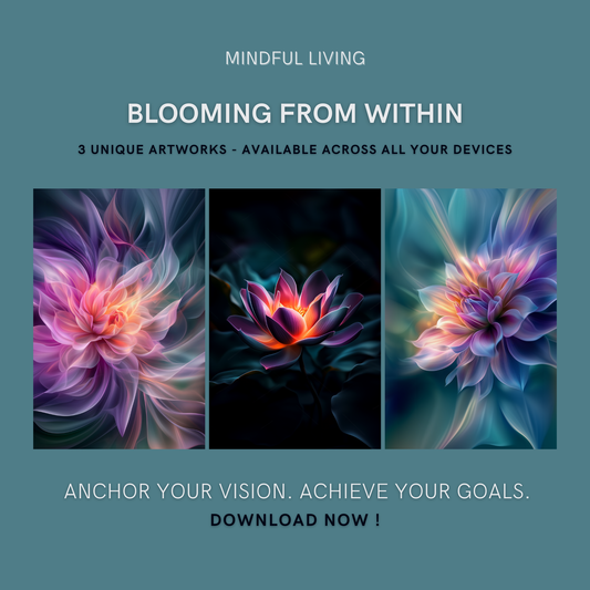 Blooming from Within Bundle cover image showing three vibrant, abstract flower artworks symbolizing personal growth and inner transformation.