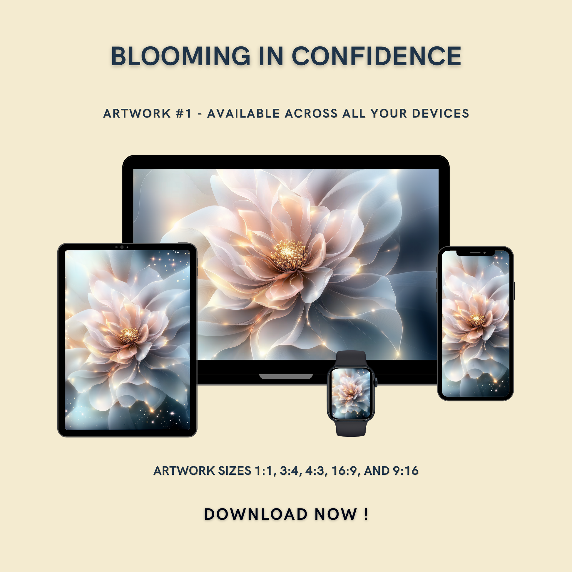 Blooming in Confidence Artwork #1 displayed on multiple devices including tablet, laptop, smartphone, and smartwatch, available in five sizes.