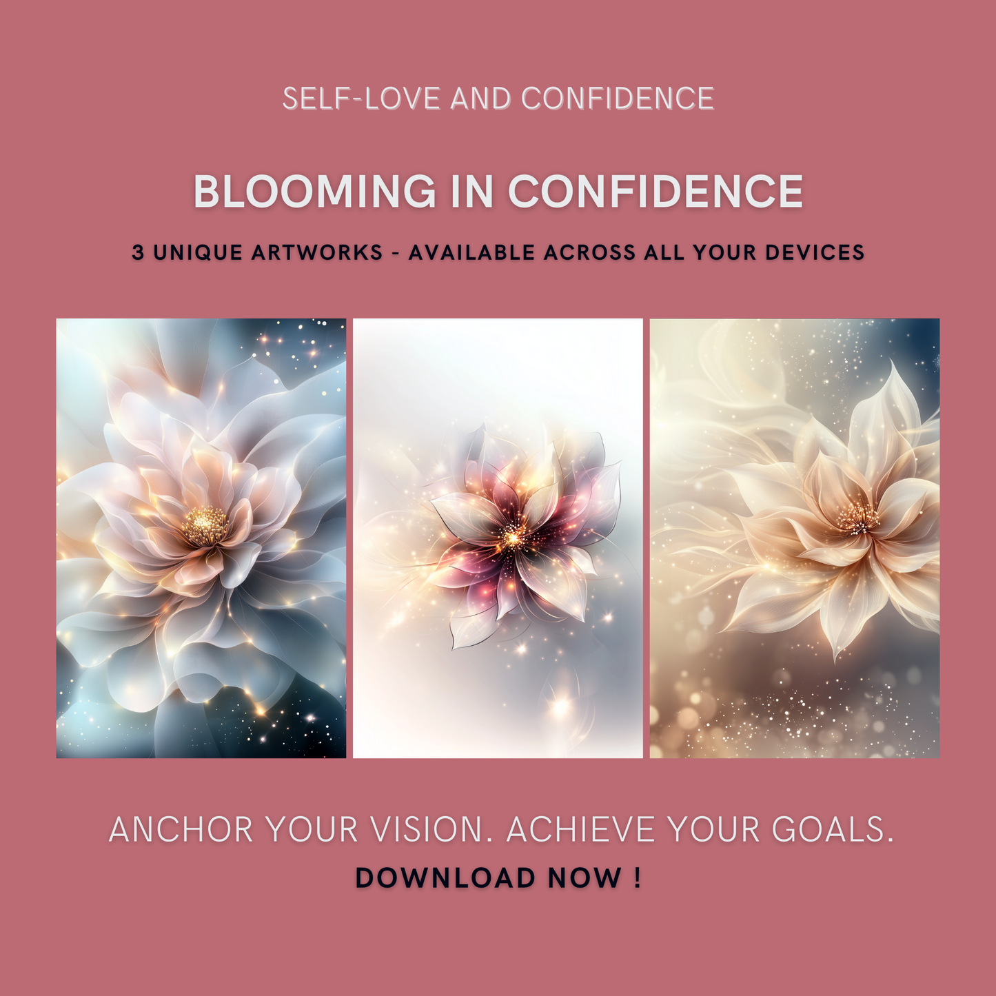 Blooming in Confidence Bundle cover image showing three unique luminous transformation artworks for Self-Love and Confidence Collection.