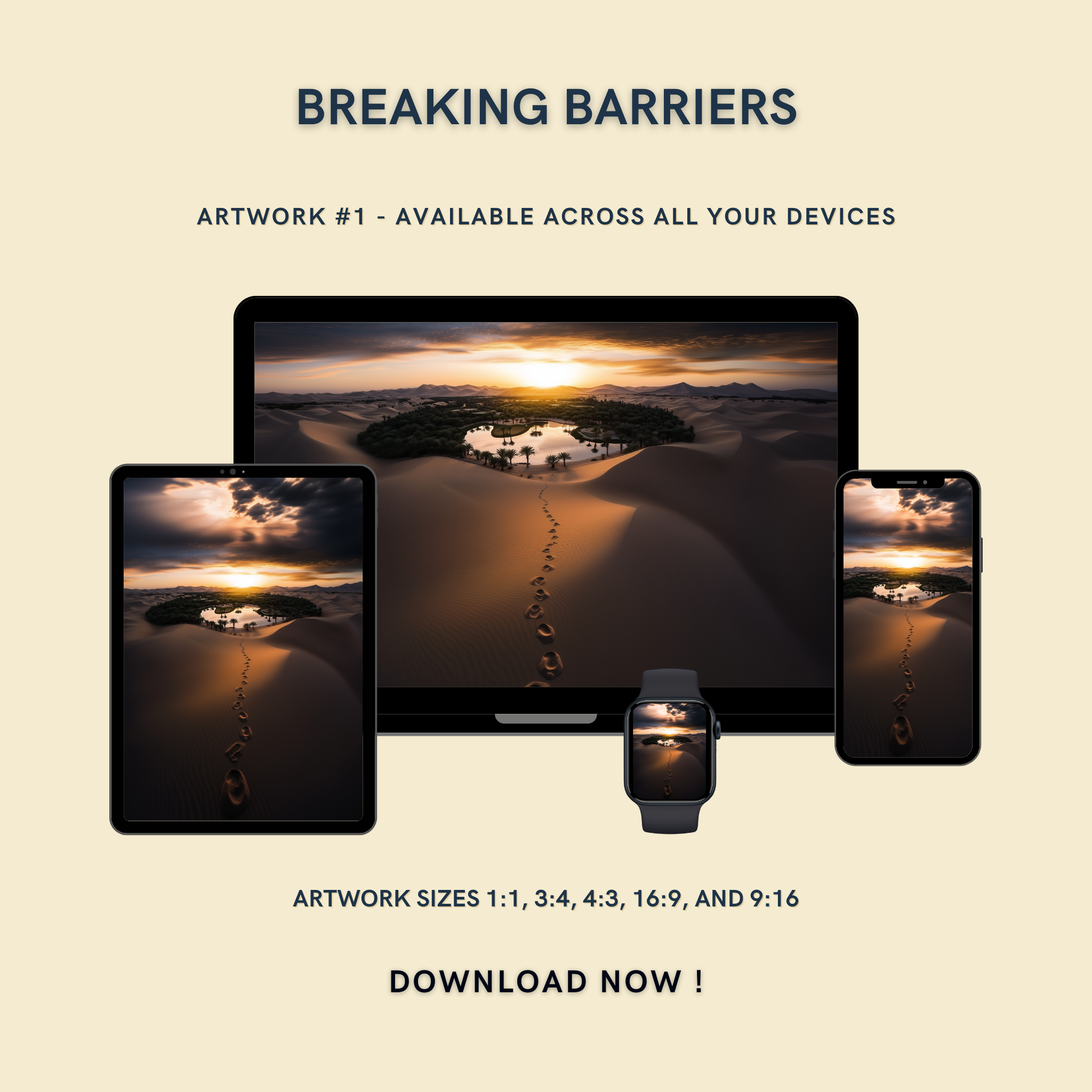 Breaking Barriers Artwork #1 displayed on multiple devices including tablet, laptop, smartphone, and smartwatch, available in five sizes.