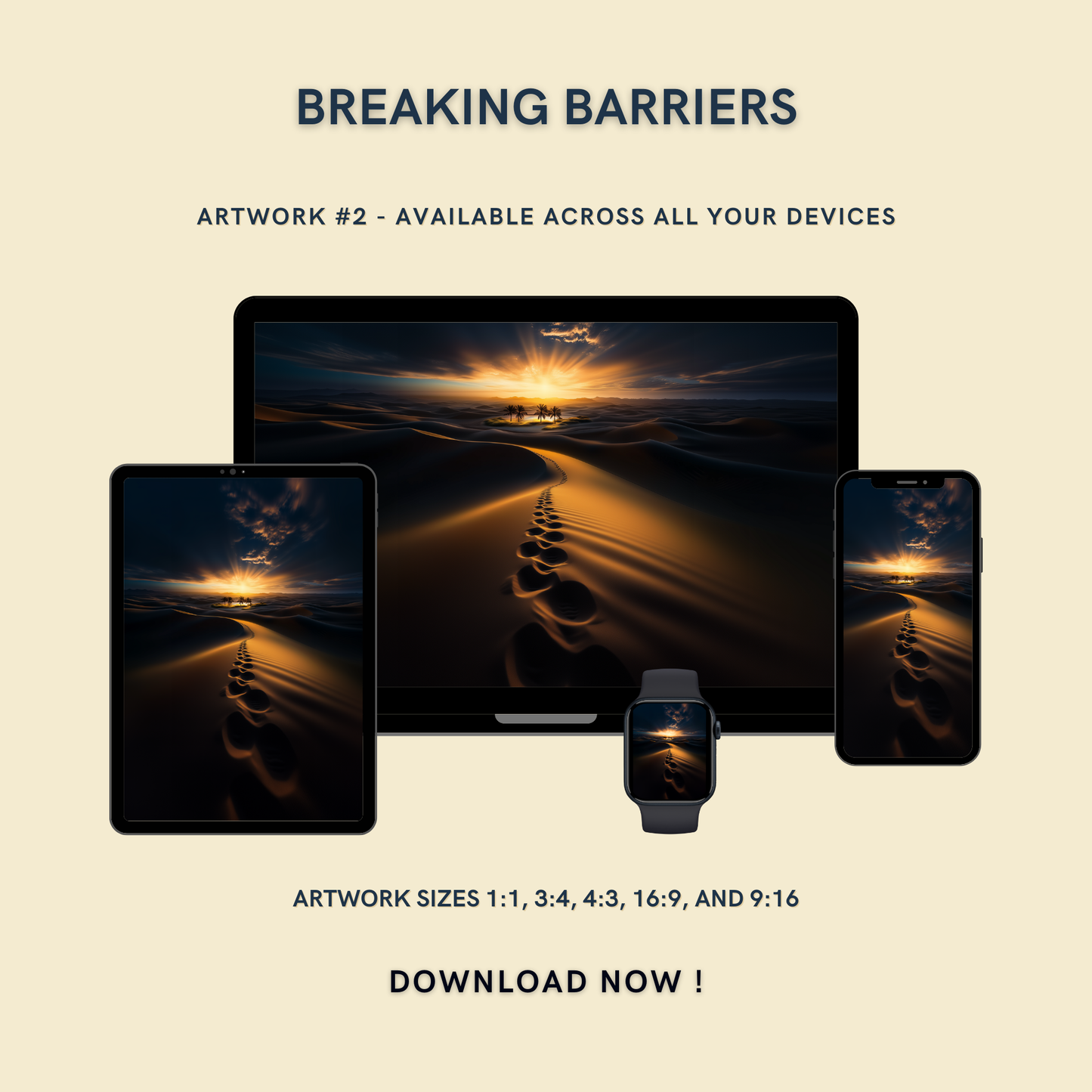 Breaking Barriers Artwork #2 displayed on multiple devices including tablet, laptop, smartphone, and smartwatch, available in five sizes.