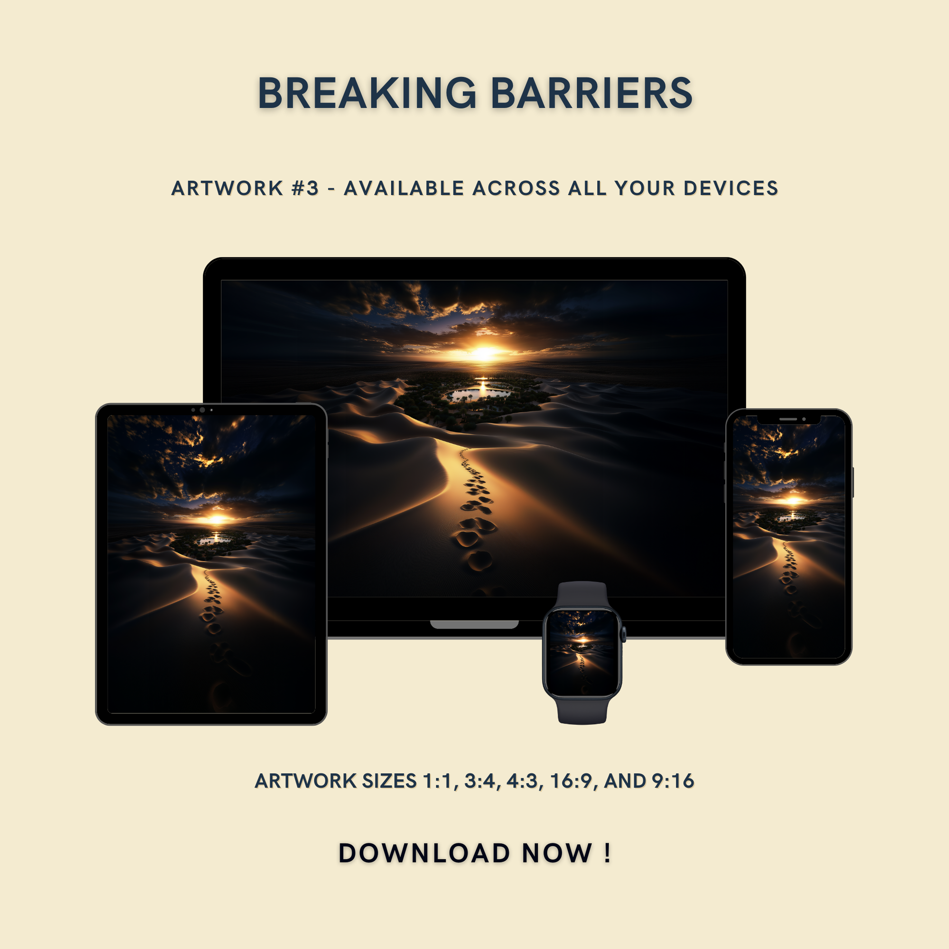 Breaking Barriers Artwork #3 displayed on multiple devices including tablet, laptop, smartphone, and smartwatch, available in five sizes.