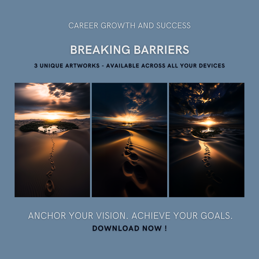 Breaking Barriers Bundle cover image showing three unique desert-path artworks for career growth and success.