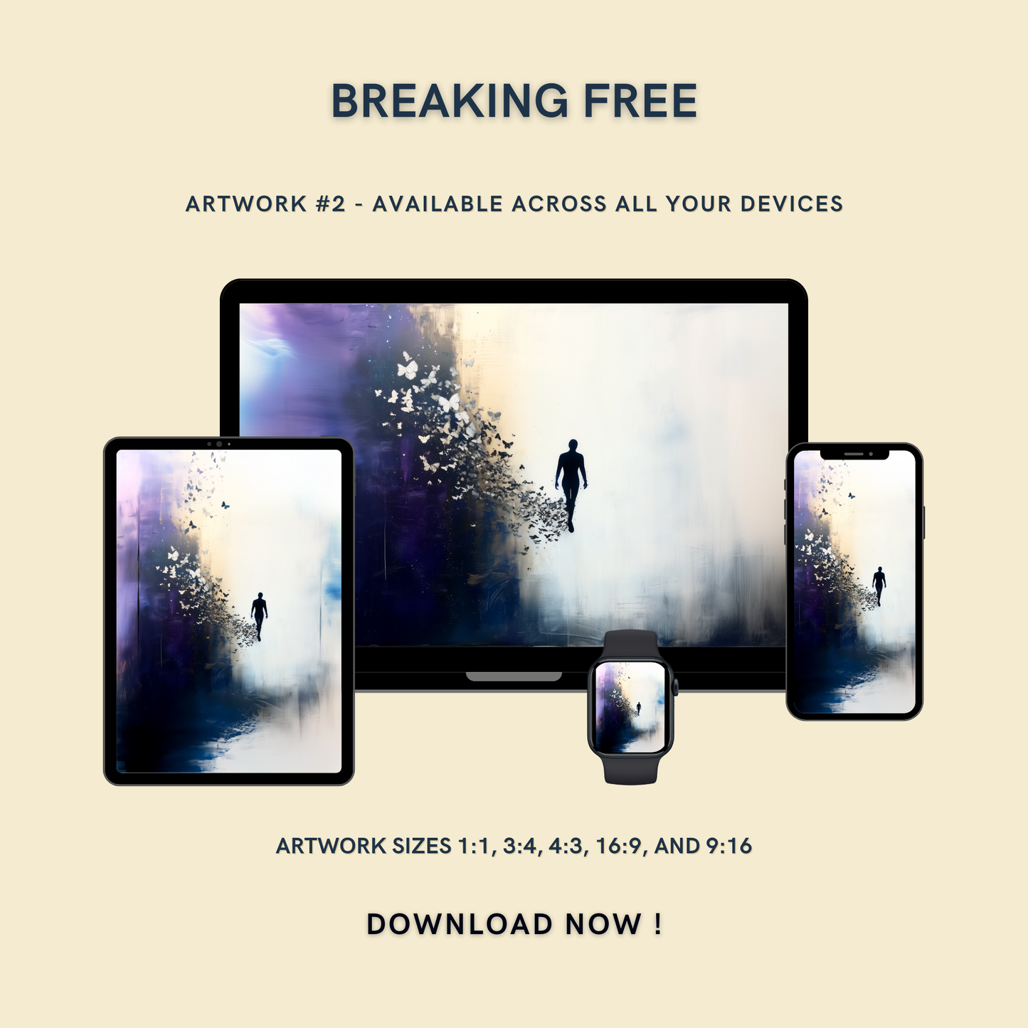 Breaking Free Artwork #2 displayed on multiple devices including tablet, laptop, smartphone, and smartwatch, available in five sizes.