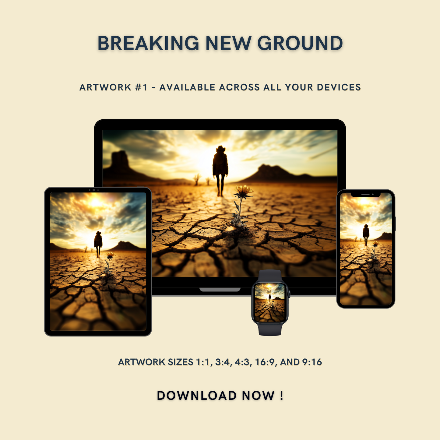 Breaking New Ground Artwork #1 displayed on multiple devices including tablet, laptop, smartphone, and smartwatch, available in five sizes.