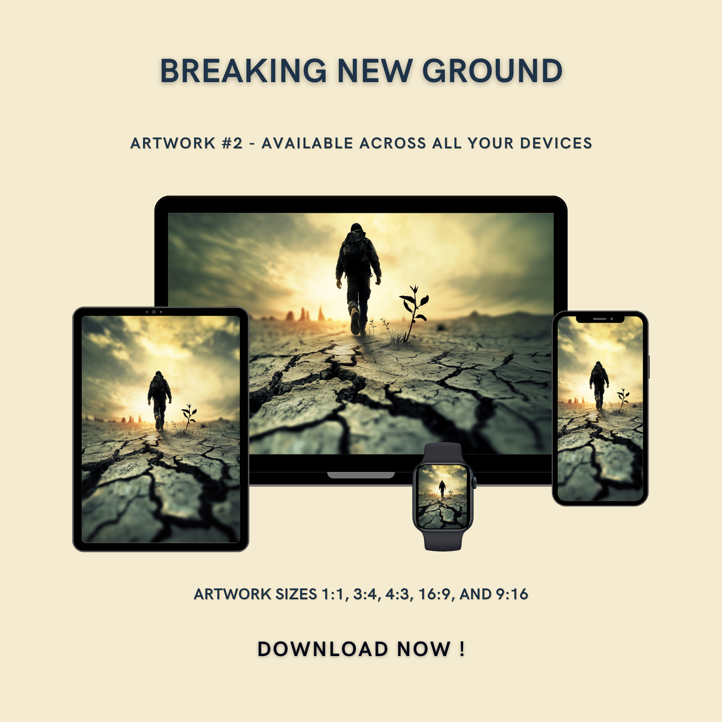 Breaking New Ground Artwork #2 displayed on multiple devices including tablet, laptop, smartphone, and smartwatch, available in five sizes.