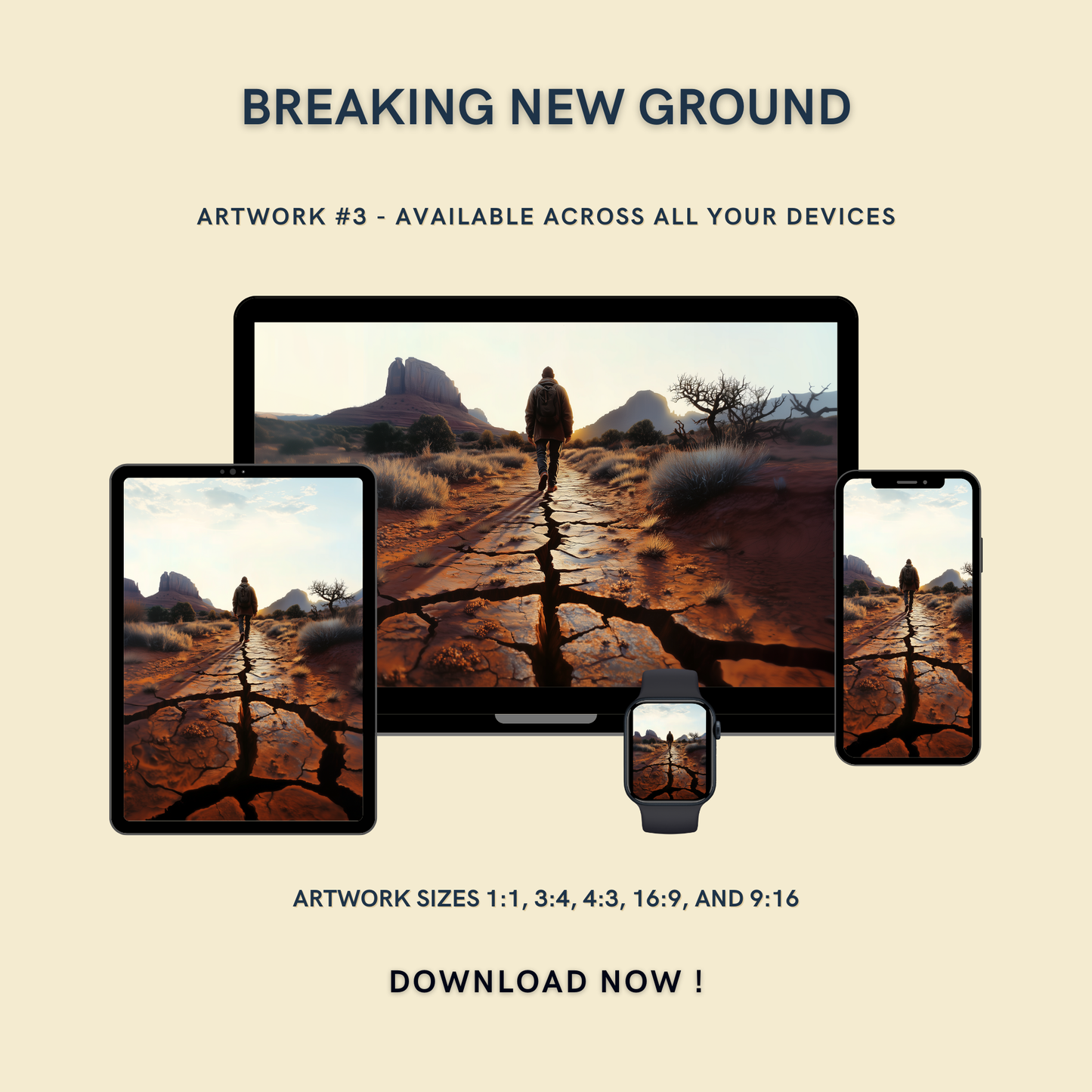 Breaking New Ground Artwork #3 displayed on multiple devices including tablet, laptop, smartphone, and smartwatch, available in five sizes.