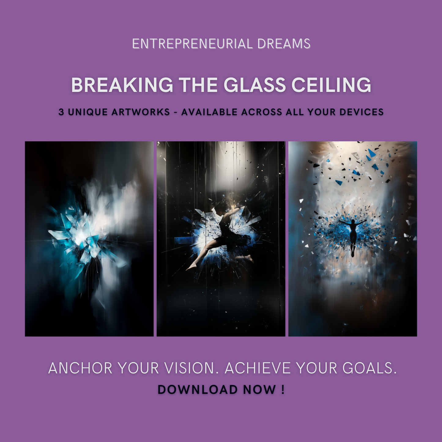 Breaking The Glass Ceiling Bundle cover image showing three dynamic artworks symbolizing breaking barriers and achieving personal transformation.