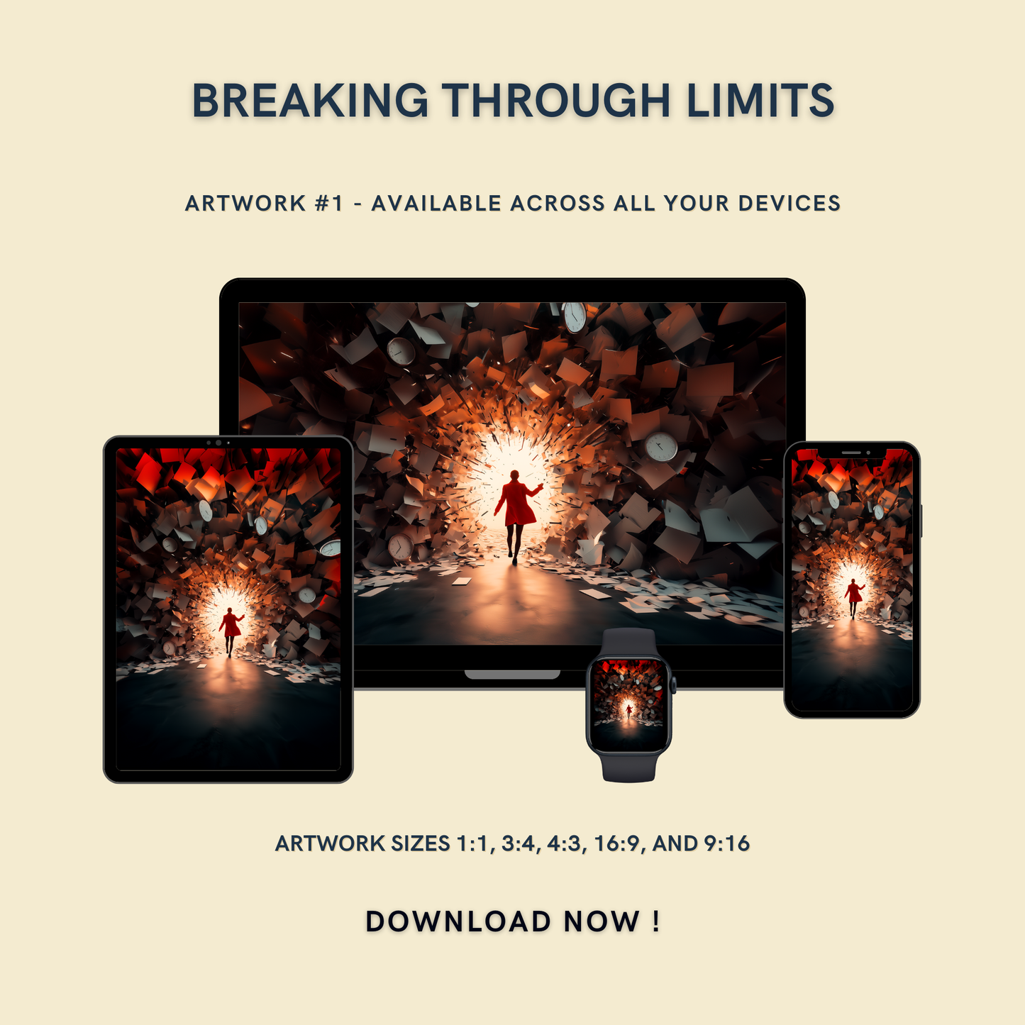 Breaking Through Limits Artwork #1 displayed on multiple devices including tablet, laptop, smartphone, and smartwatch, available in five sizes.