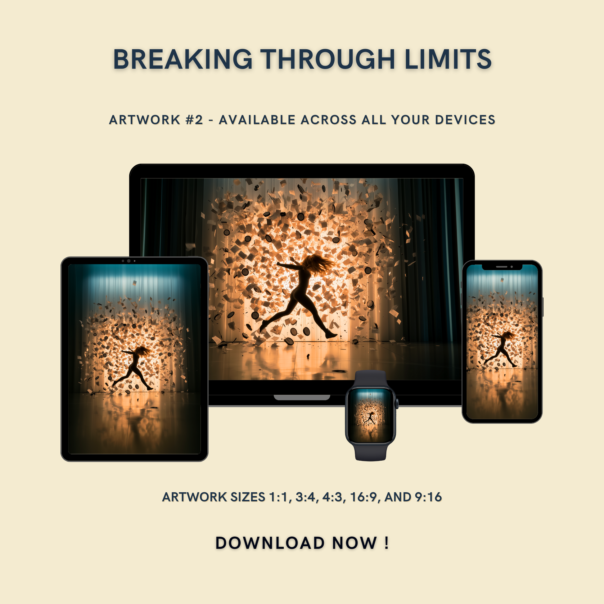 Breaking Through Limits Artwork #2 displayed on multiple devices including tablet, laptop, smartphone, and smartwatch, available in five sizes.