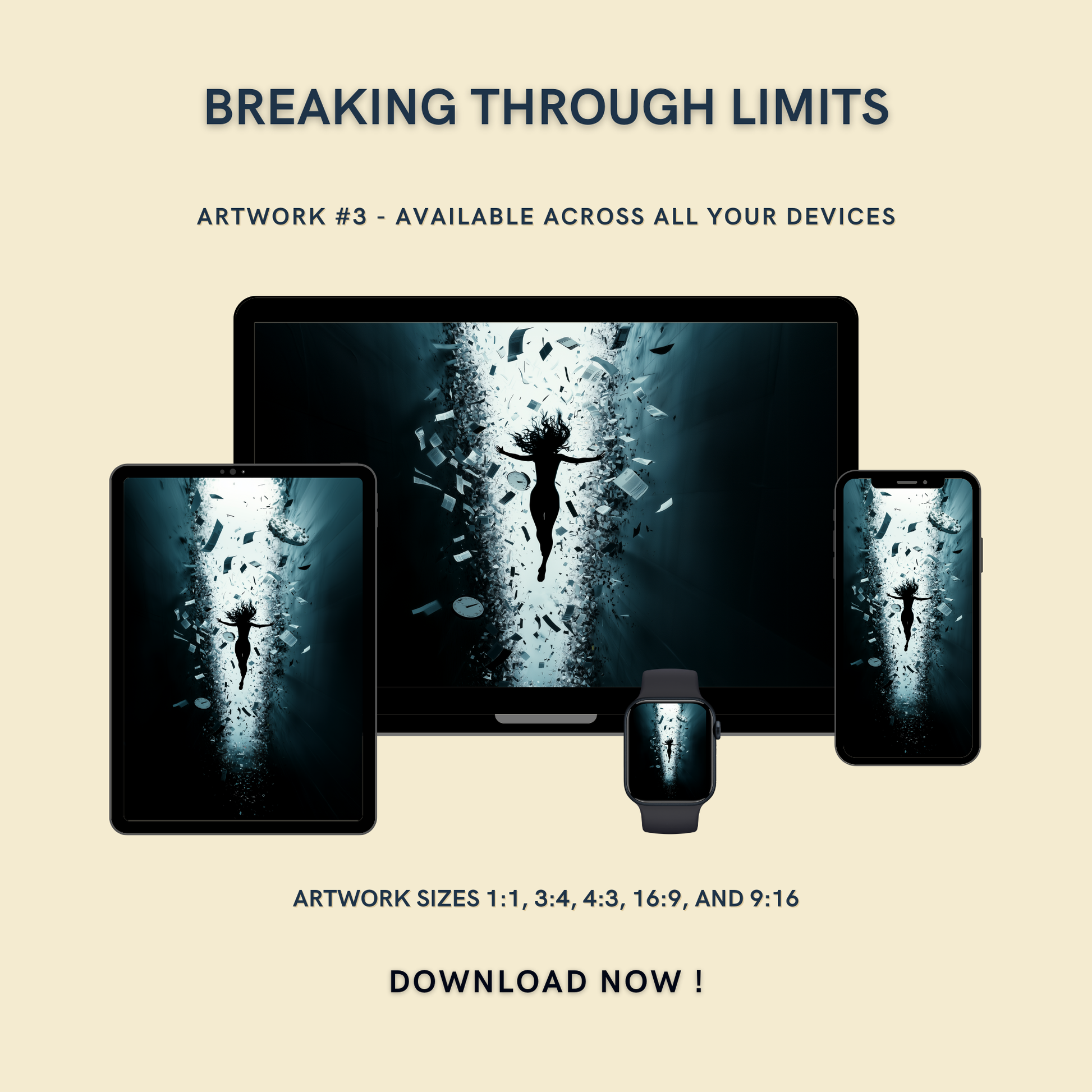 Breaking Through Limits Artwork #3 displayed on multiple devices including tablet, laptop, smartphone, and smartwatch, available in five sizes.