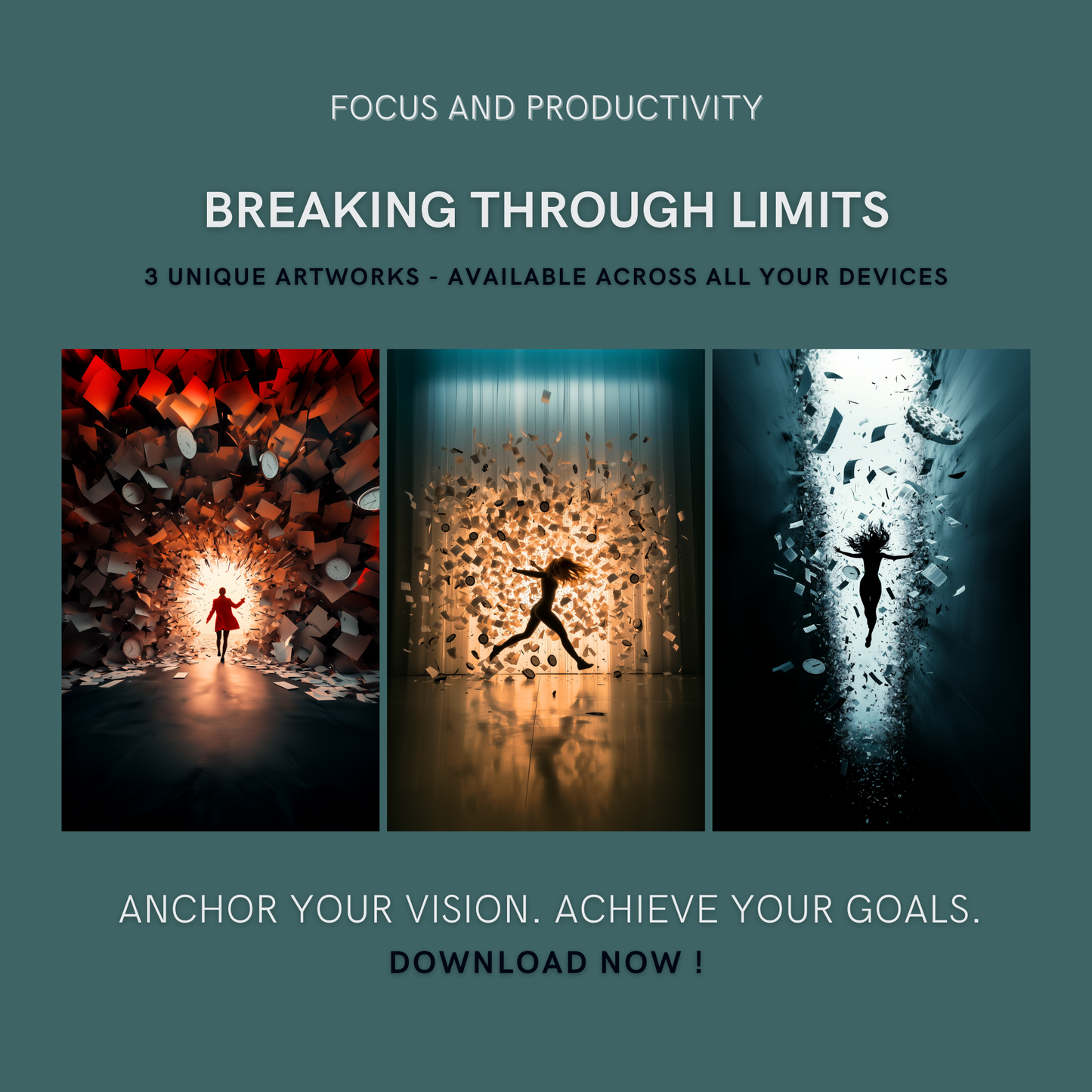 Breaking Through Limits Bundle cover image showing three dynamic artworks symbolizing breakthrough, resilience, and freedom for the Focus and Productivity Collection.