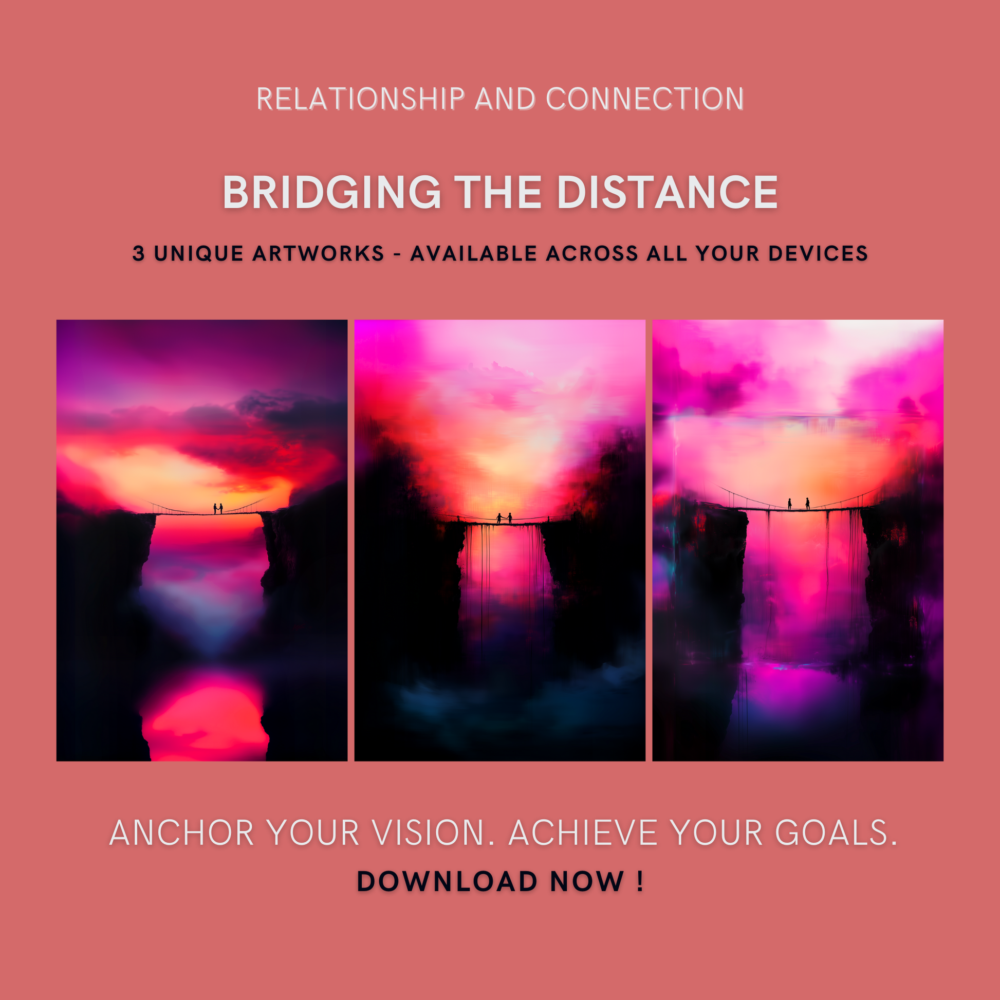 Bridging The Distance Bundle cover image showing three unique sunset bridge artworks symbolizing connection and unity.