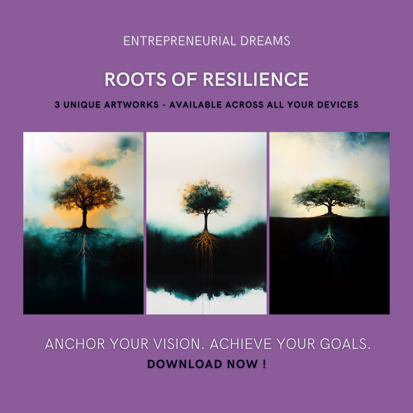 Roots of Resilience Bundle cover image showing three unique tree artworks symbolizing strength, growth, and resilience.