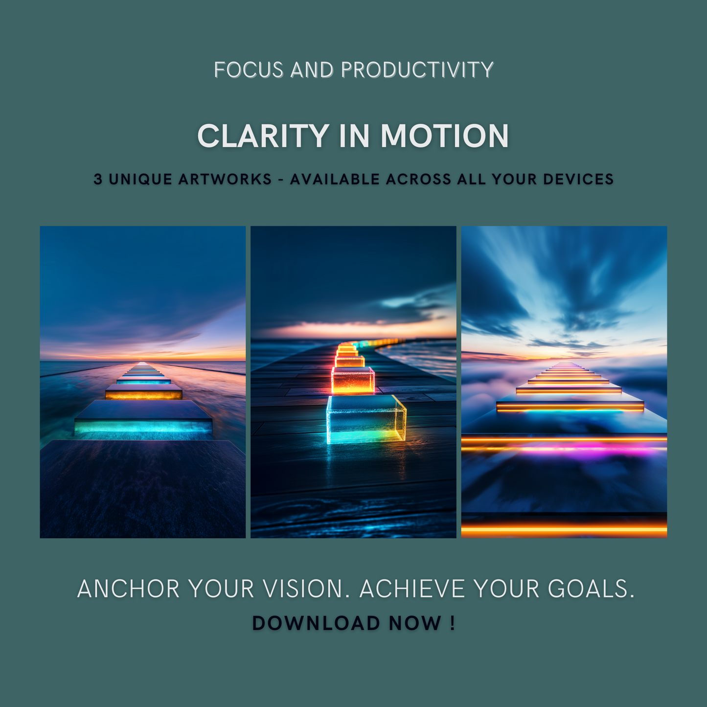 Clarity in Motion Bundle cover image showing three illuminated path artworks for achieving focus and clarity.