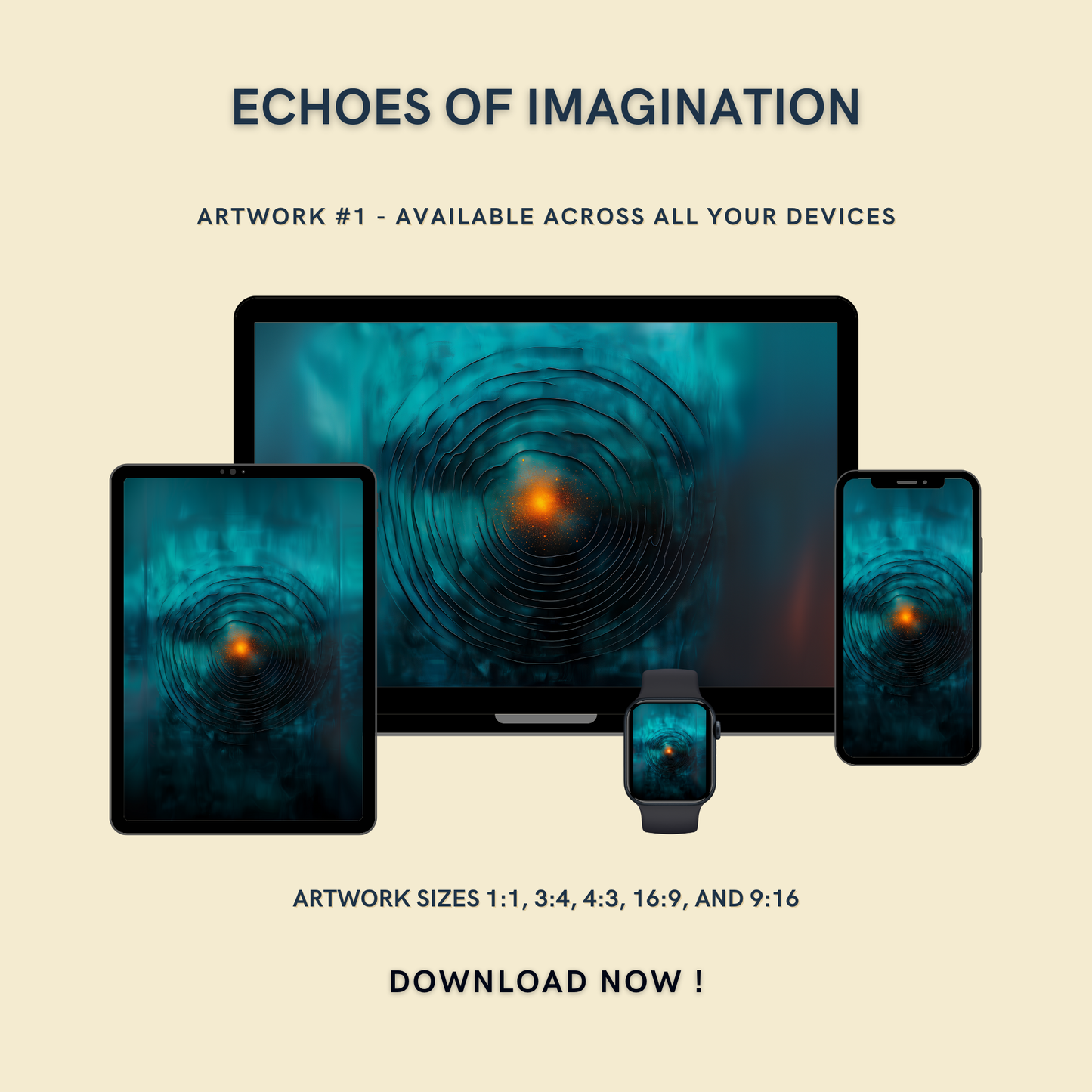 Echoes of Imagination Artwork #1 displayed on multiple devices including tablet, laptop, smartphone, and smartwatch, available in five sizes.