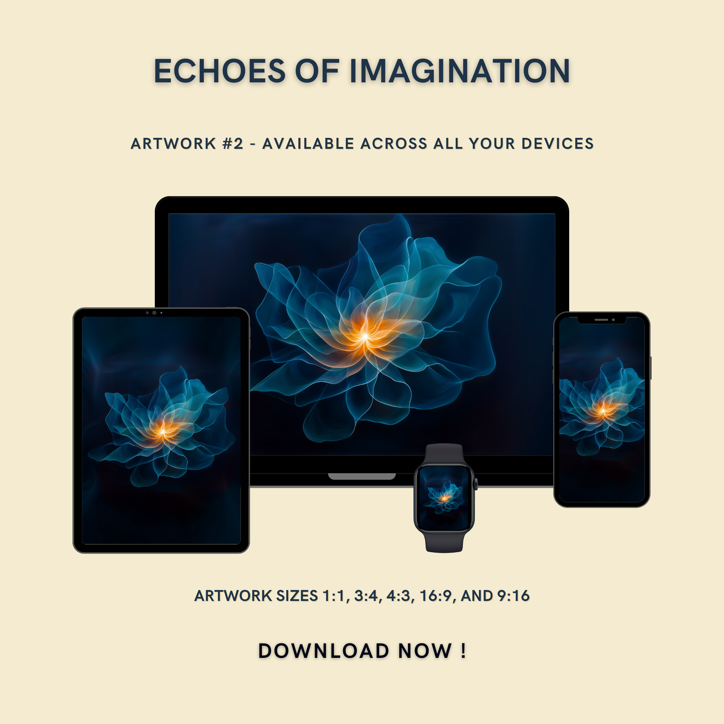 Echoes of Imagination Artwork #2 displayed on multiple devices including tablet, laptop, smartphone, and smartwatch, available in five sizes.