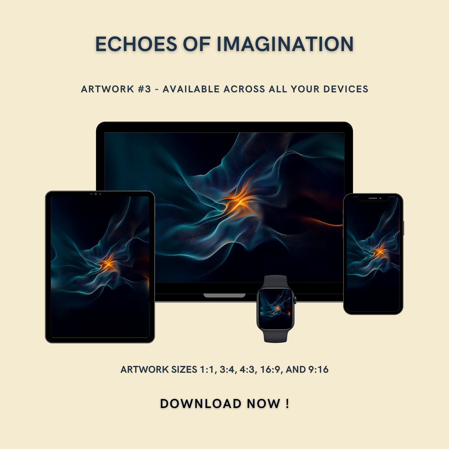 Echoes of Imagination Artwork #3 displayed on multiple devices including tablet, laptop, smartphone, and smartwatch, available in five sizes.