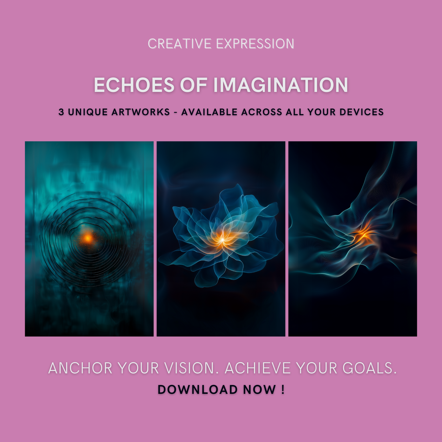 Echoes of Imagination Bundle cover image showing three unique artworks symbolizing inner creativity, expansion, and flow.