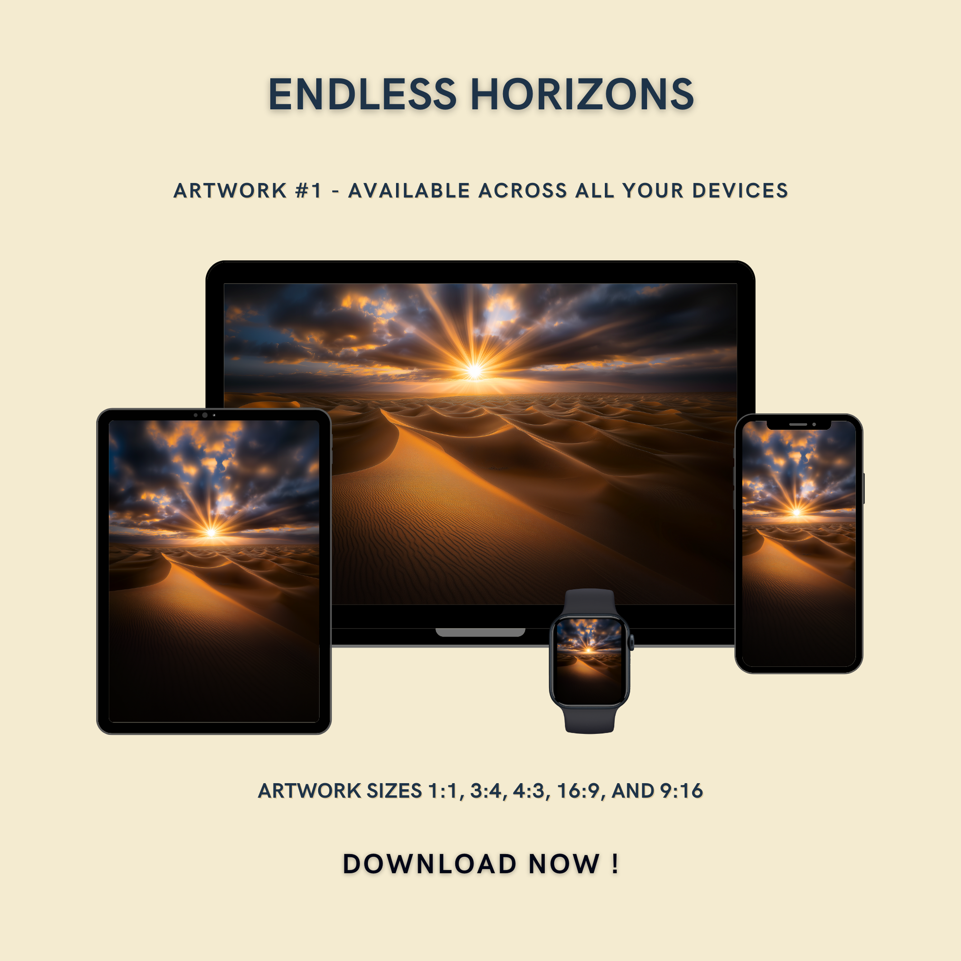 Endless Horizons Artwork #1 displayed on multiple devices including tablet, laptop, smartphone, and smartwatch, available in five sizes.