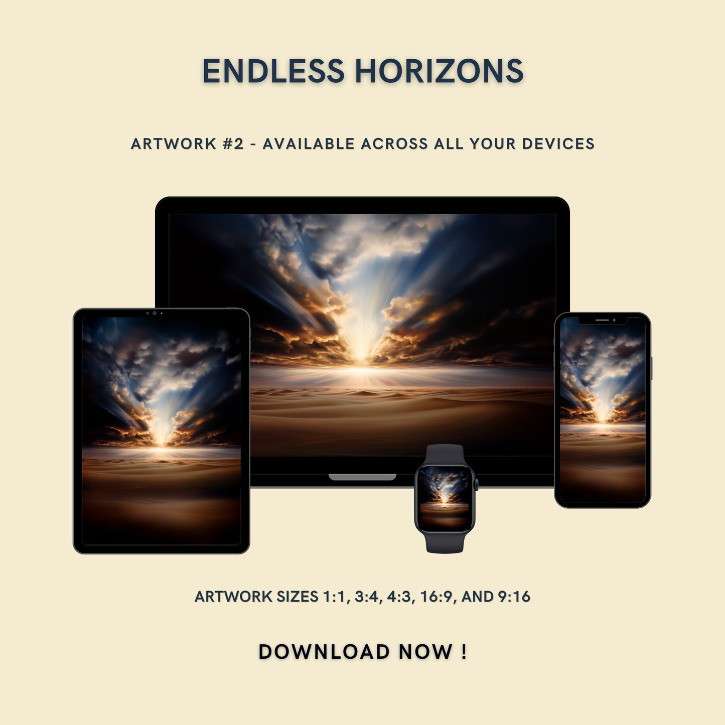 Endless Horizons Artwork #2 displayed on multiple devices including tablet, laptop, smartphone, and smartwatch, available in five sizes.