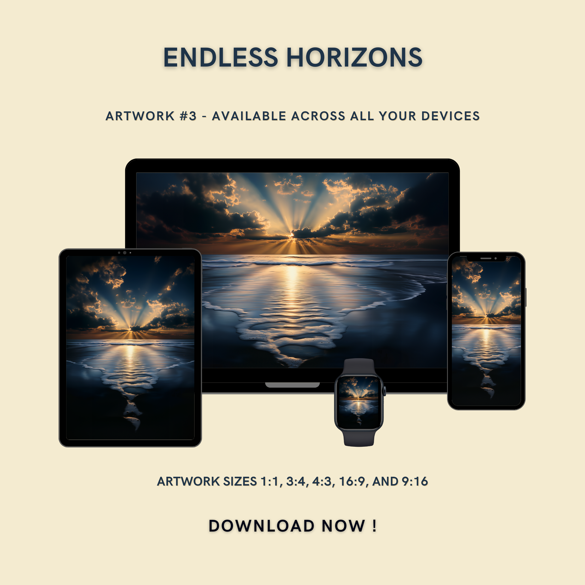 Endless Horizons Artwork #3 displayed on multiple devices including tablet, laptop, smartphone, and smartwatch, available in five sizes.