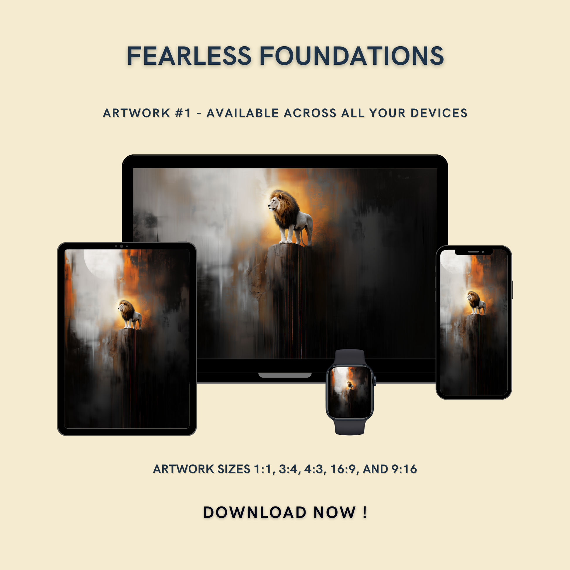 Fearless Foundations Artwork #1 displayed on multiple devices including tablet, laptop, smartphone, and smartwatch, available in five sizes.