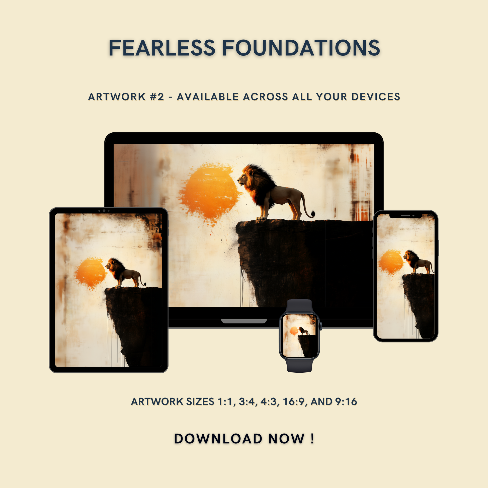 Fearless Foundations Artwork #2 displayed on multiple devices including tablet, laptop, smartphone, and smartwatch, available in five sizes.