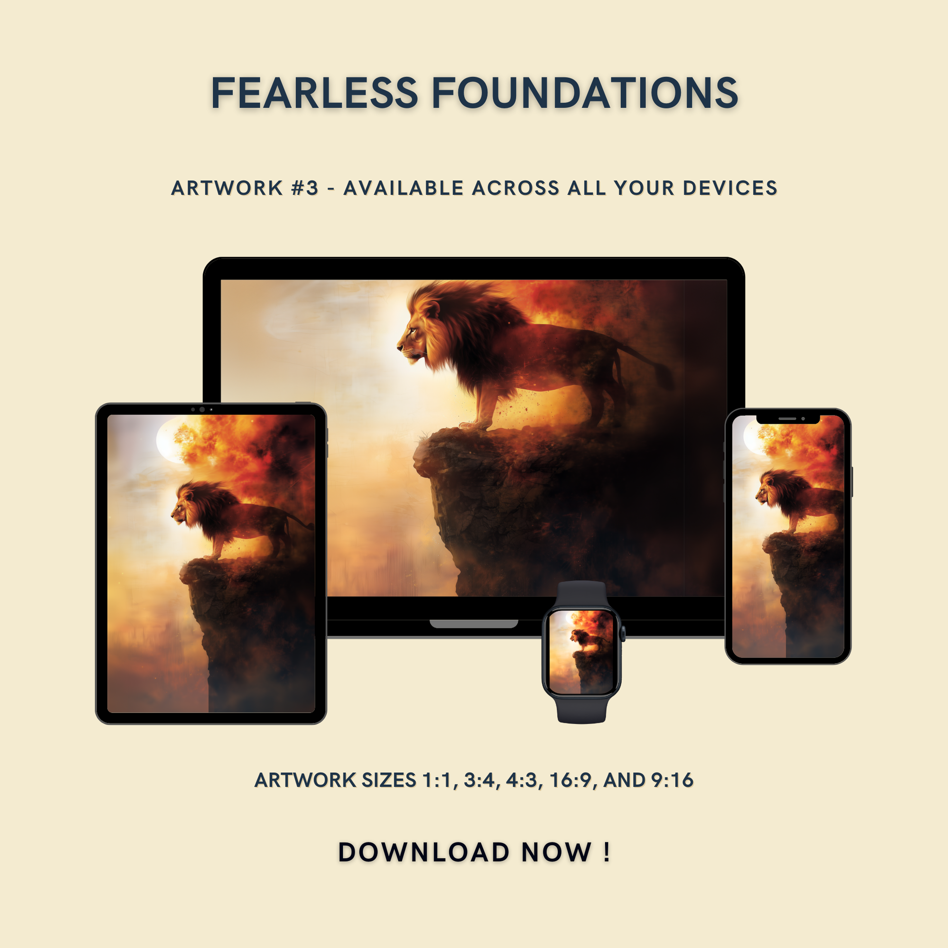 Fearless Foundations Artwork #3 displayed on multiple devices including tablet, laptop, smartphone, and smartwatch, available in five sizes.