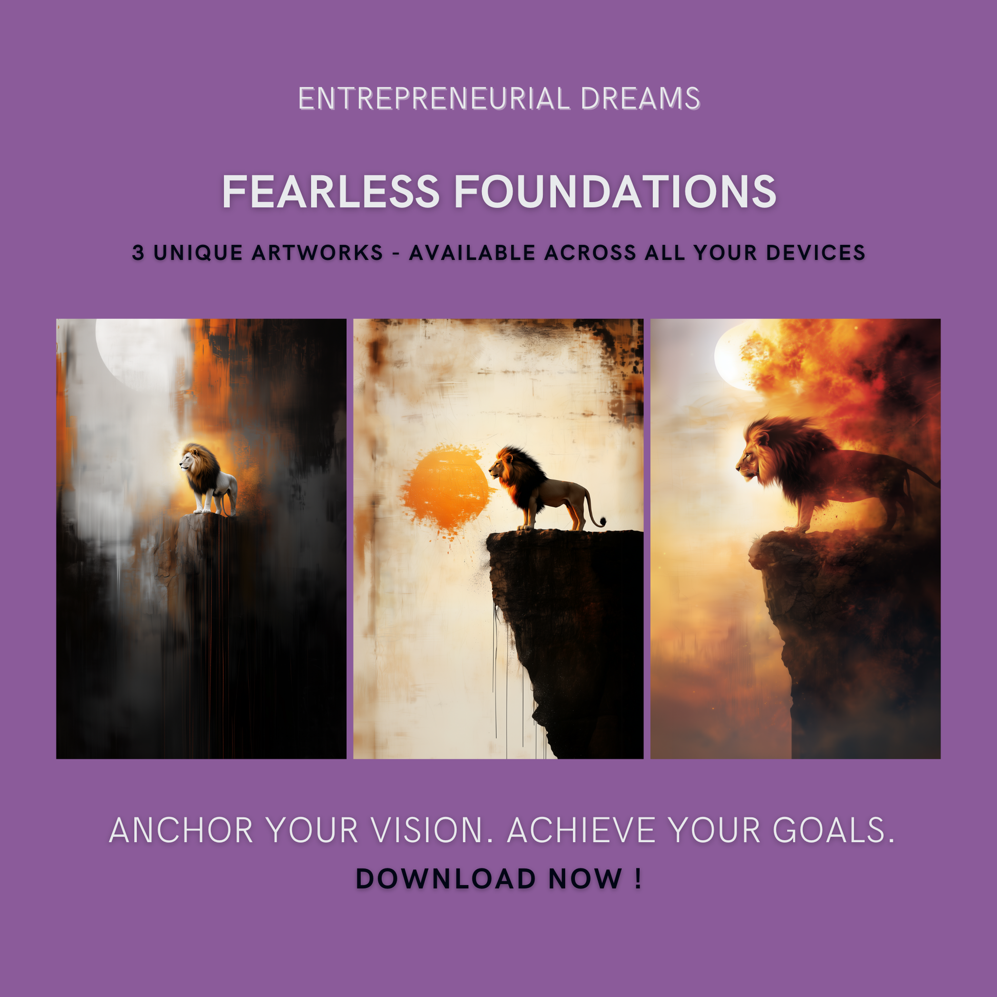 Fearless Foundations Bundle cover image showing three unique lion-themed artworks symbolizing strength and resilience, perfect for cultivating focus and ambition.