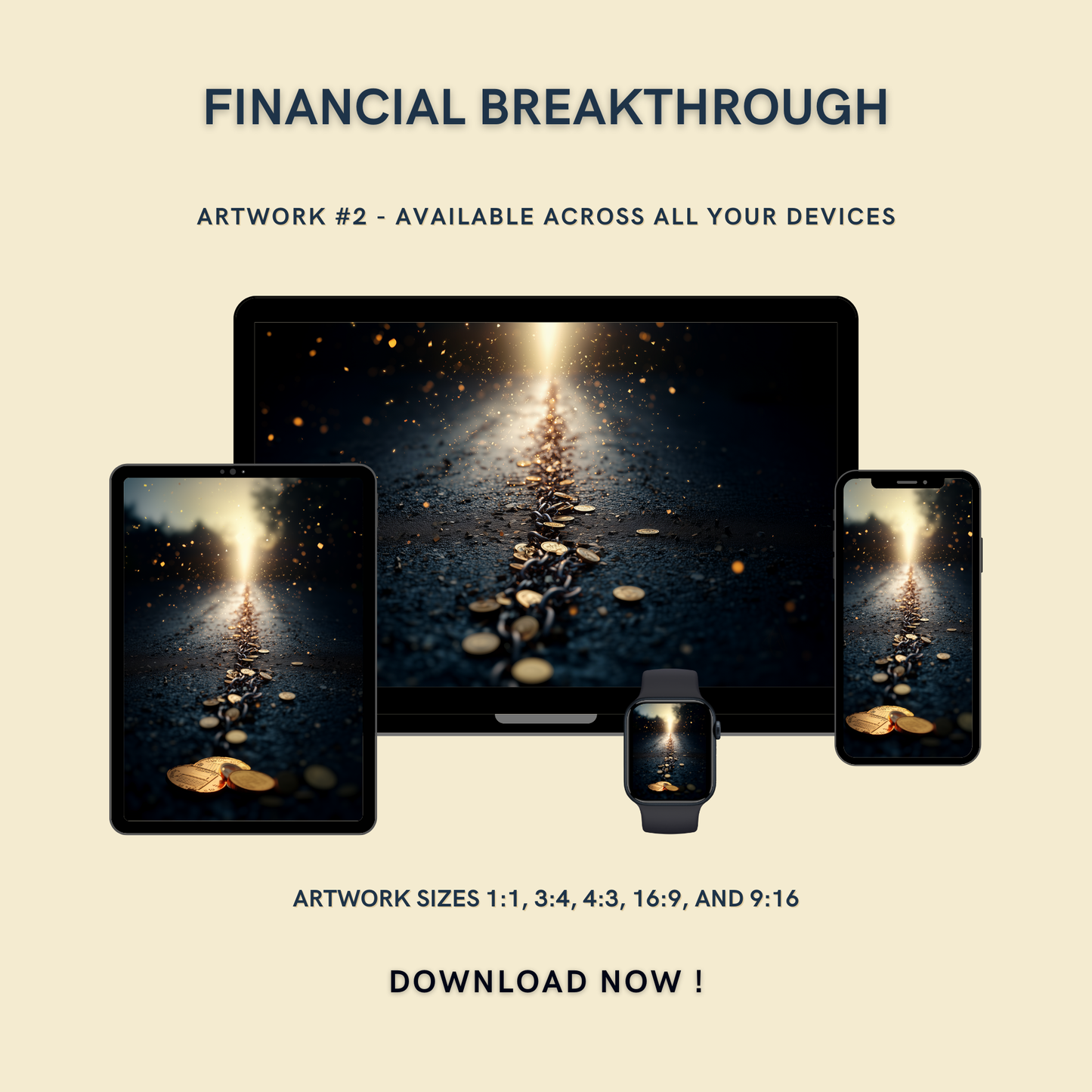 Financial Breakthrough Artwork #2 displayed on multiple devices including tablet, laptop, smartphone, and smartwatch, available in five sizes.