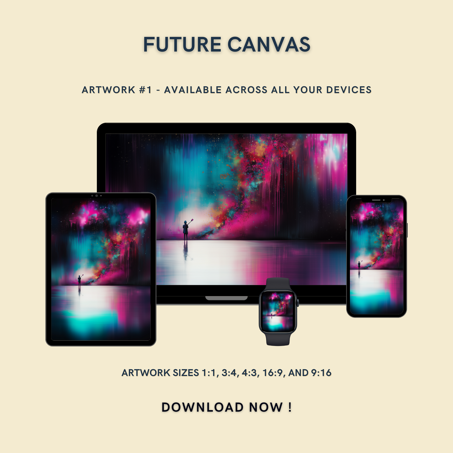 Future Canvas Artwork #1 displayed on multiple devices including tablet, laptop, smartphone, and smartwatch, available in five sizes.