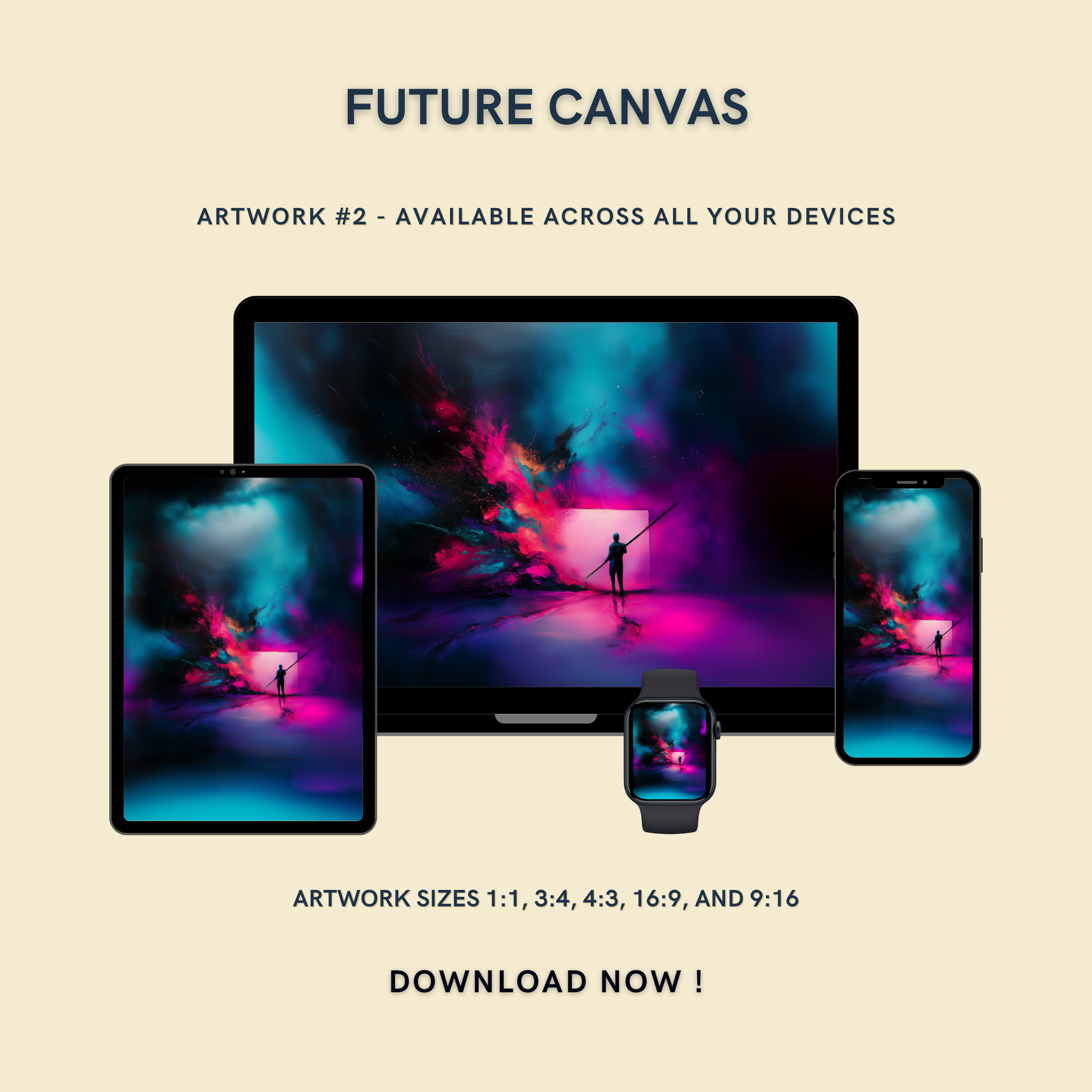 Future Canvas Artwork #2 displayed on multiple devices including tablet, laptop, smartphone, and smartwatch, available in five sizes.