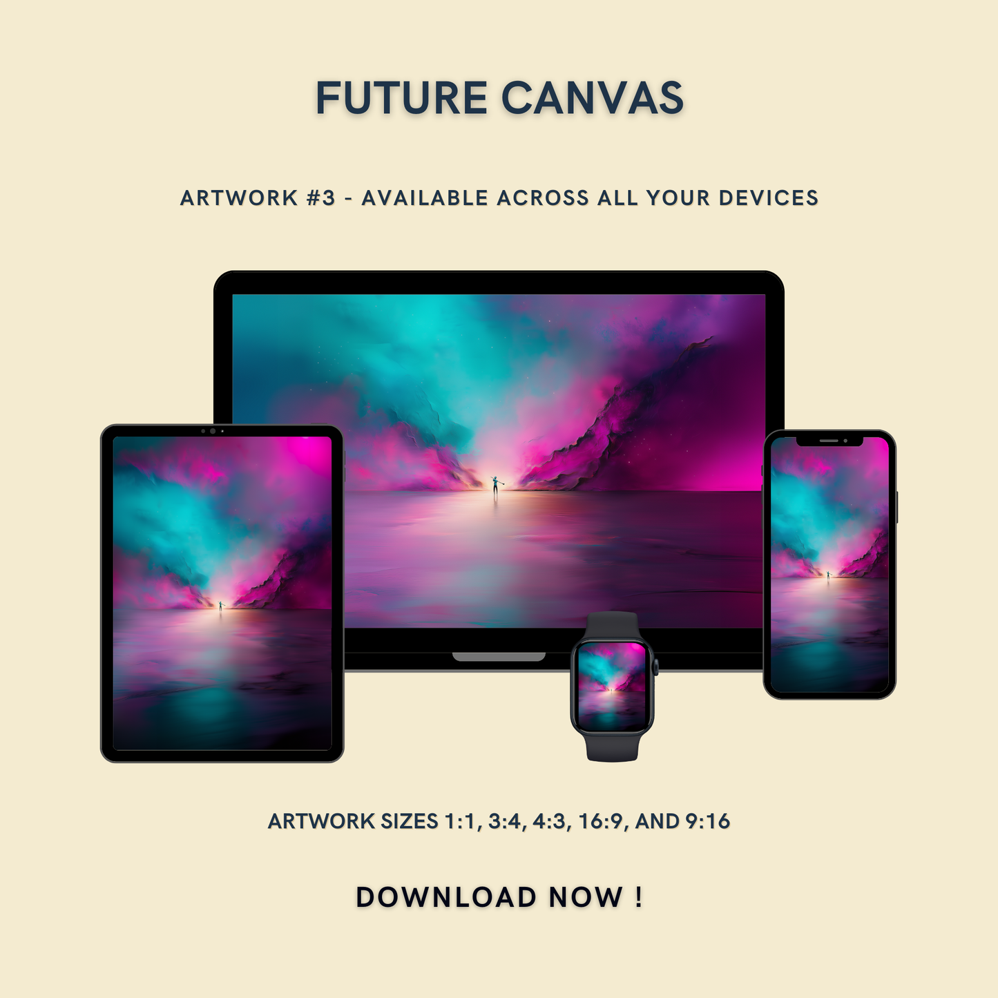 Future Canvas Artwork #3 displayed on multiple devices including tablet, laptop, smartphone, and smartwatch, available in five sizes.