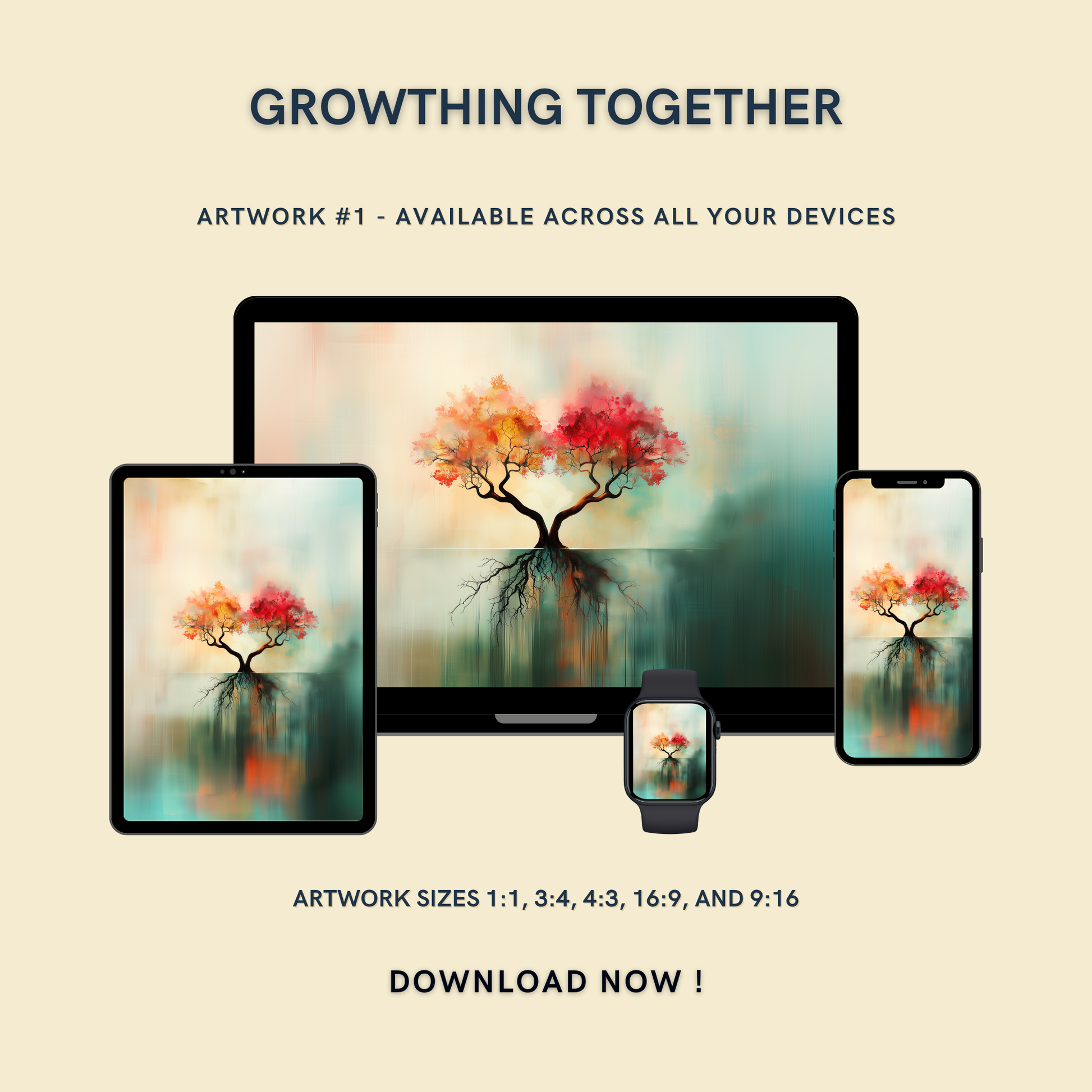 Growing Together Artwork #1 displayed on multiple devices including tablet, laptop, smartphone, and smartwatch, available in five sizes.