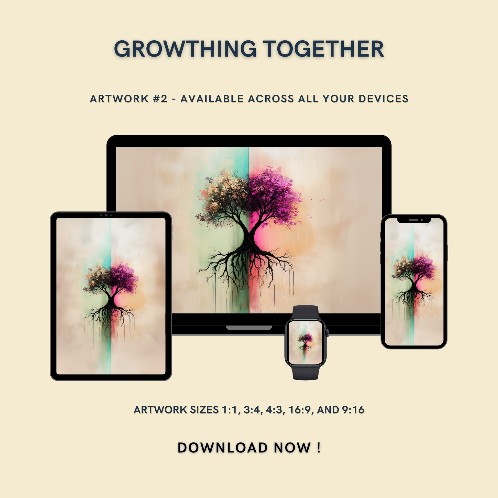 Growing Together Artwork #2 displayed on multiple devices including tablet, laptop, smartphone, and smartwatch, available in five sizes.