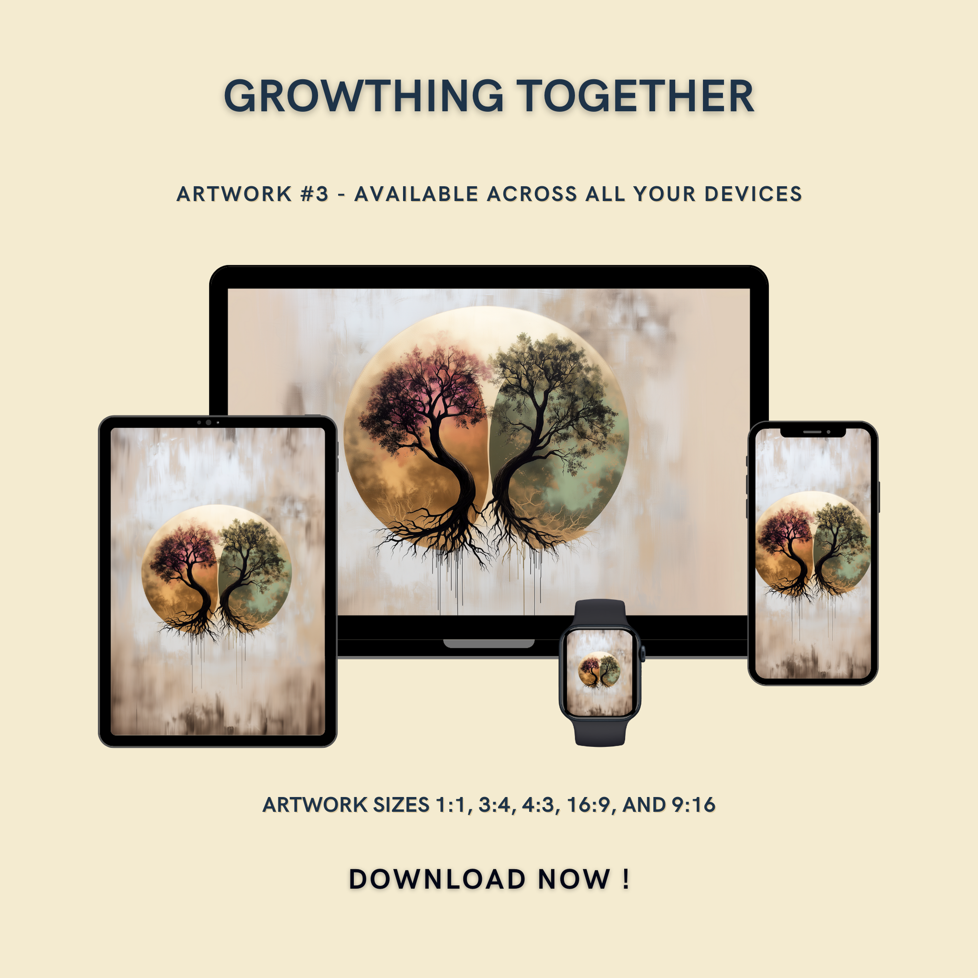 Growing Together Artwork #3 displayed on multiple devices including tablet, laptop, smartphone, and smartwatch, available in five sizes.