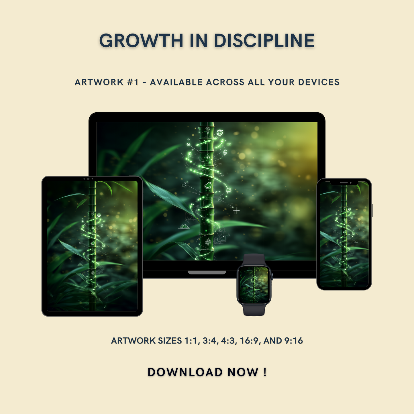 Growth in Discipline Artwork #3 displayed on multiple devices including tablet, laptop, smartphone, and smartwatch, available in five sizes.