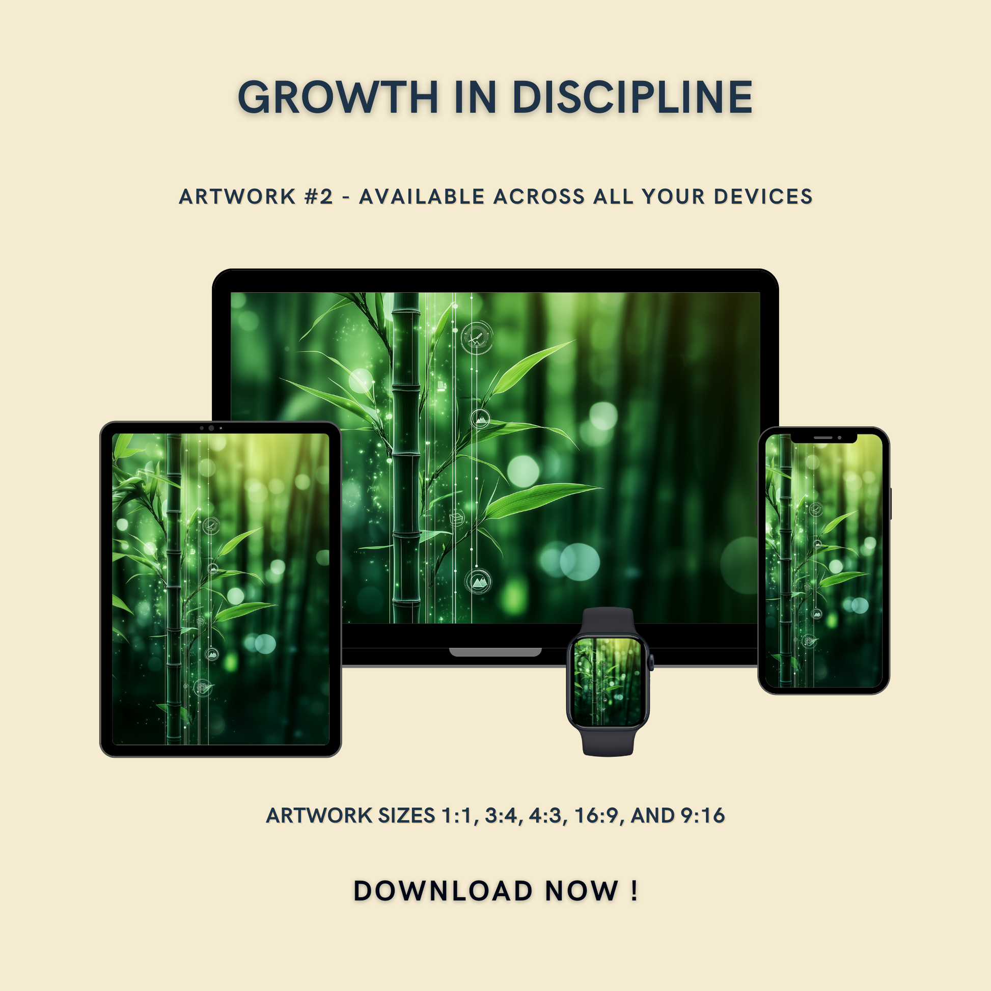 Growth in Discipline Artwork #1 displayed on multiple devices including tablet, laptop, smartphone, and smartwatch, available in five sizes.