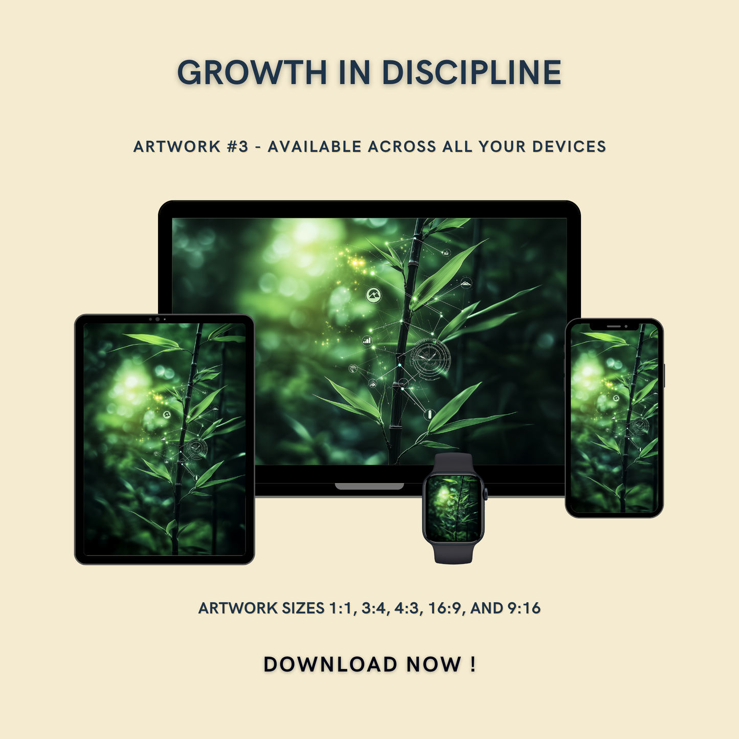 Growth in Discipline** Artwork #2 displayed on multiple devices including tablet, laptop, smartphone, and smartwatch, available in five sizes.